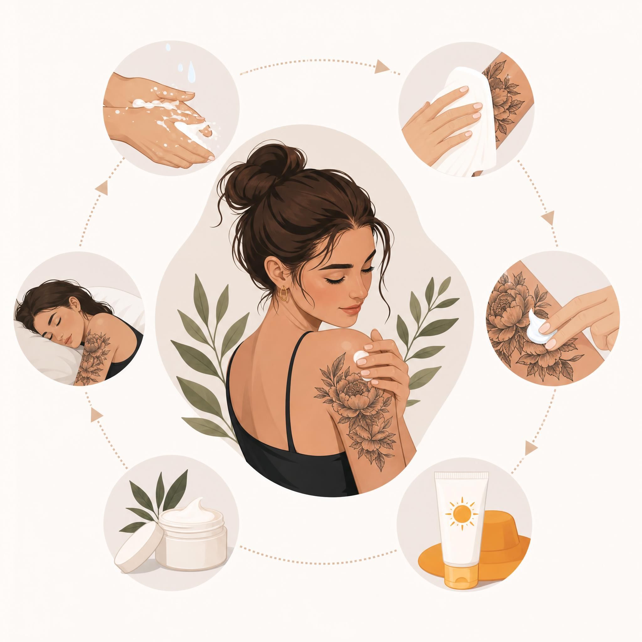 Illustration illustrative d'une routine de soins pour tatouage avec crème hydratante et protection solaire, style graphique doux sans texte