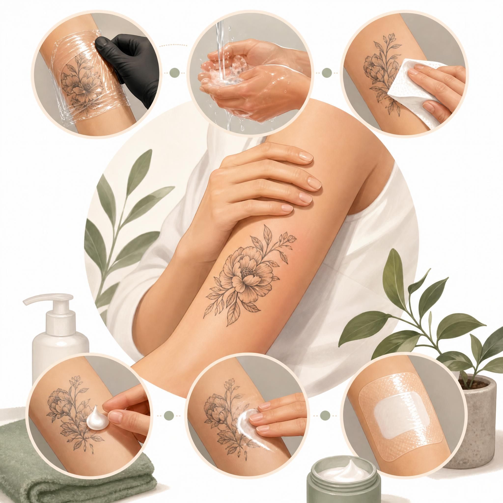illustration apaisante montrant les étapes de soin d'un tatouage après séance, crème hydratante et pansement, style illustratif doux sans texte