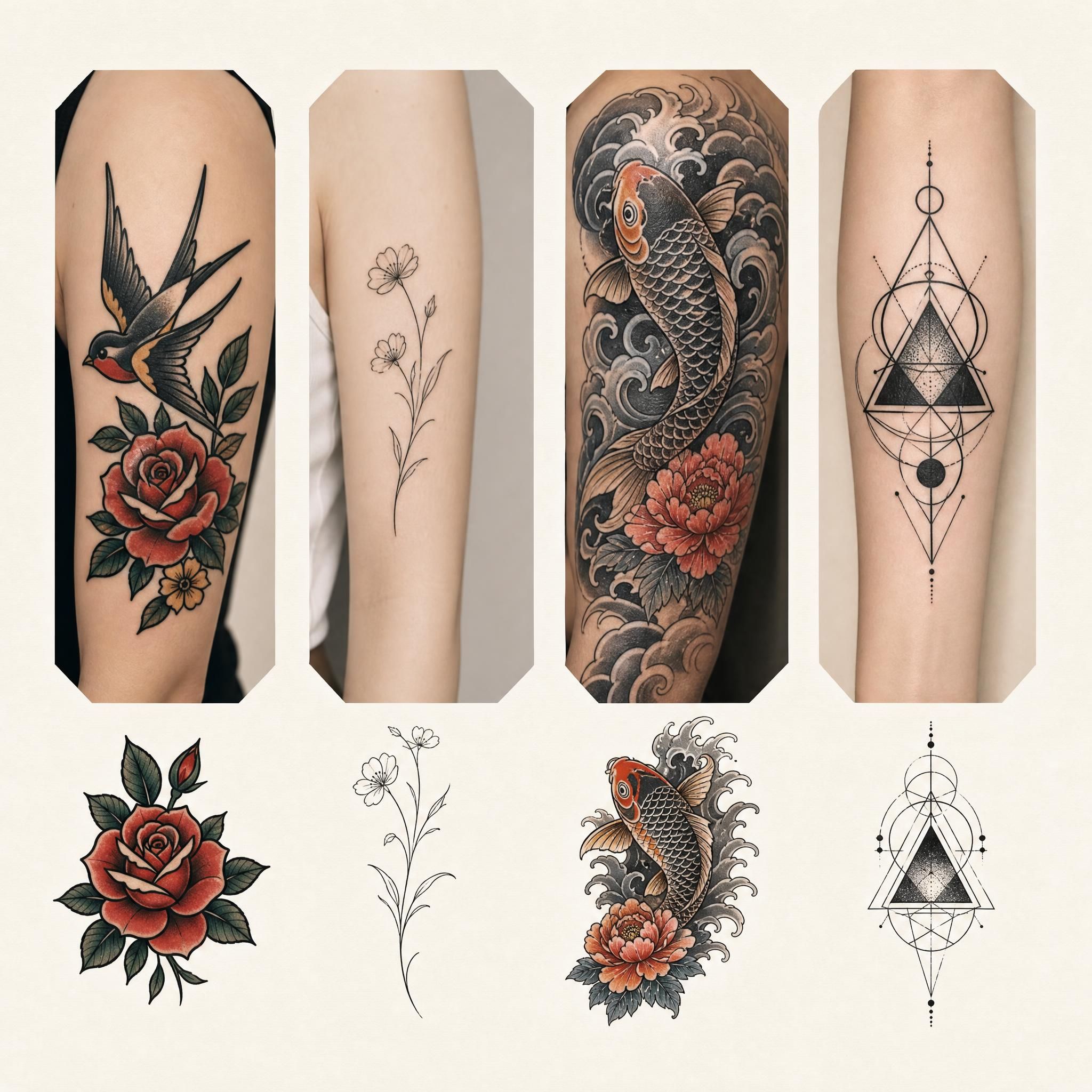 illustration montrant une planche comparative de différents styles de tatouage old school, fine line, japonais et géométrique, style illustratif sans texte