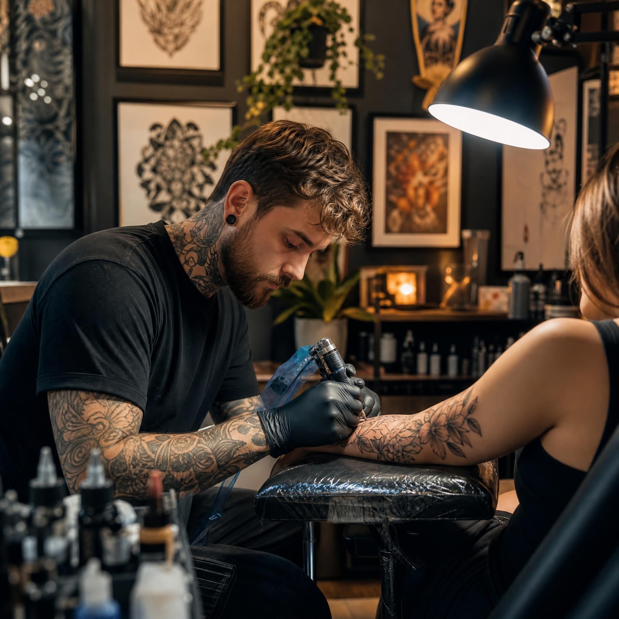 Illustration illustrative d'un tatoueur au travail dans son studio, ambiance chaleureuse et artistique, sans texte