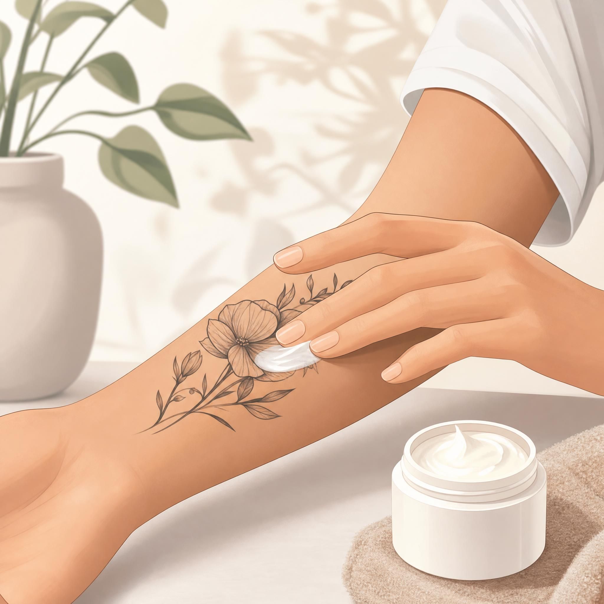Illustration illustrative et apaisante d'une main appliquant délicatement une crème sur un tatouage récent, style graphique doux, sans texte