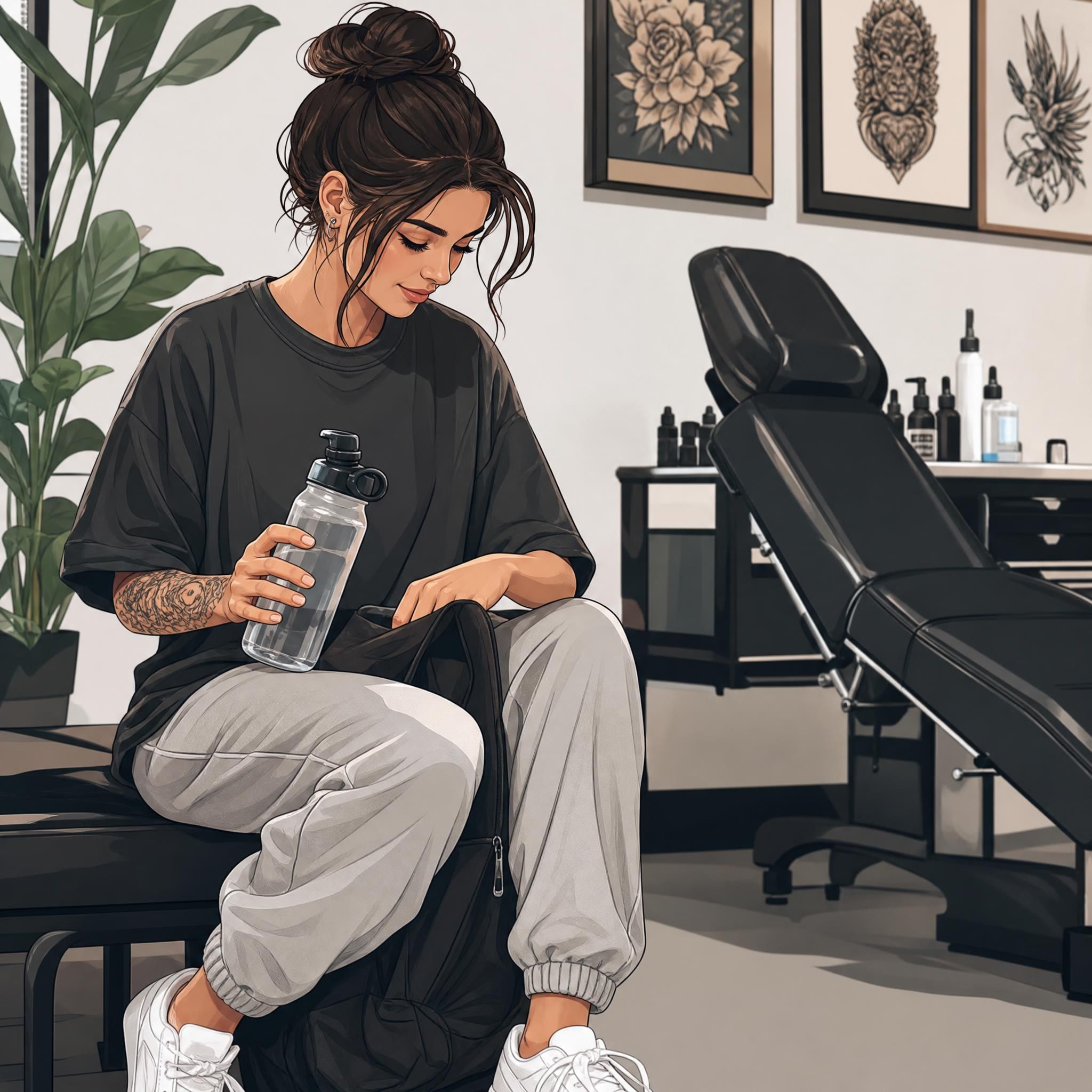 Illustration illustrative d'une personne se préparant pour une séance de tatouage avec une bouteille d'eau et des vêtements confortables, style graphique sans texte