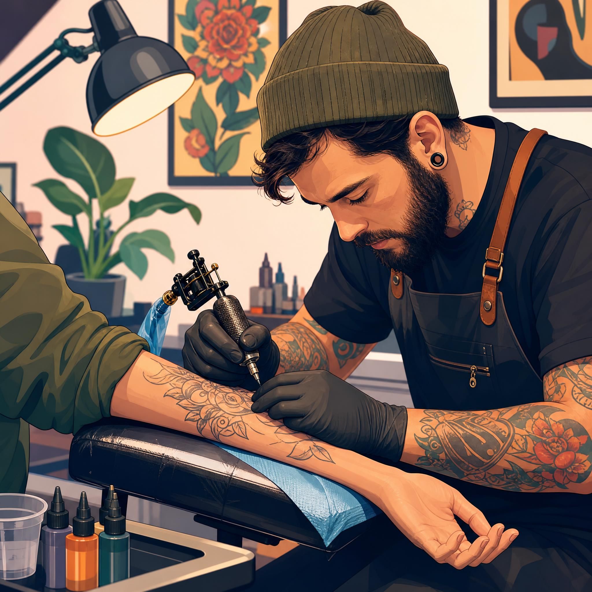 Illustration colorée et illustrative d'un artiste tatoueur travaillant sur un avant-bras, style graphique sans texte