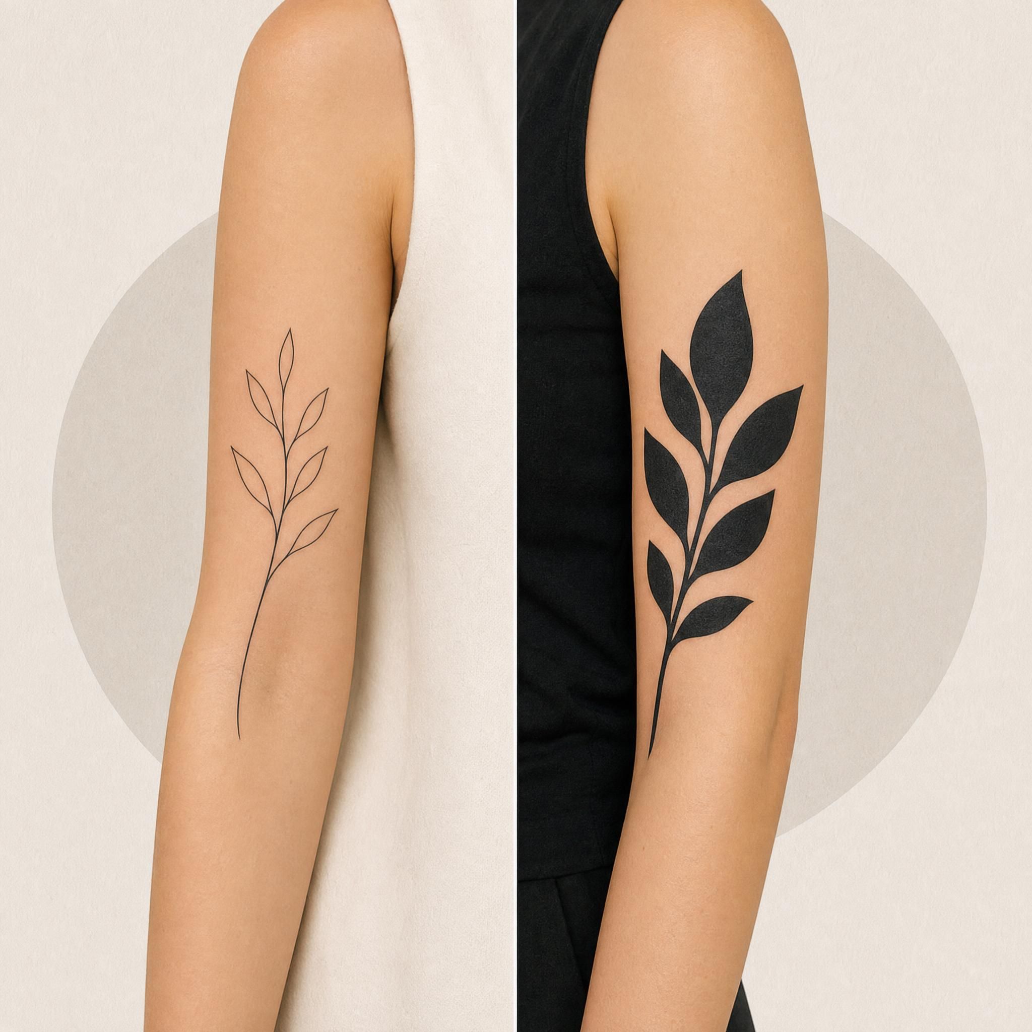 Illustration illustrative comparant côte à côte un tatouage minimaliste fin et un tatouage blackwork en aplat, style graphique sans texte