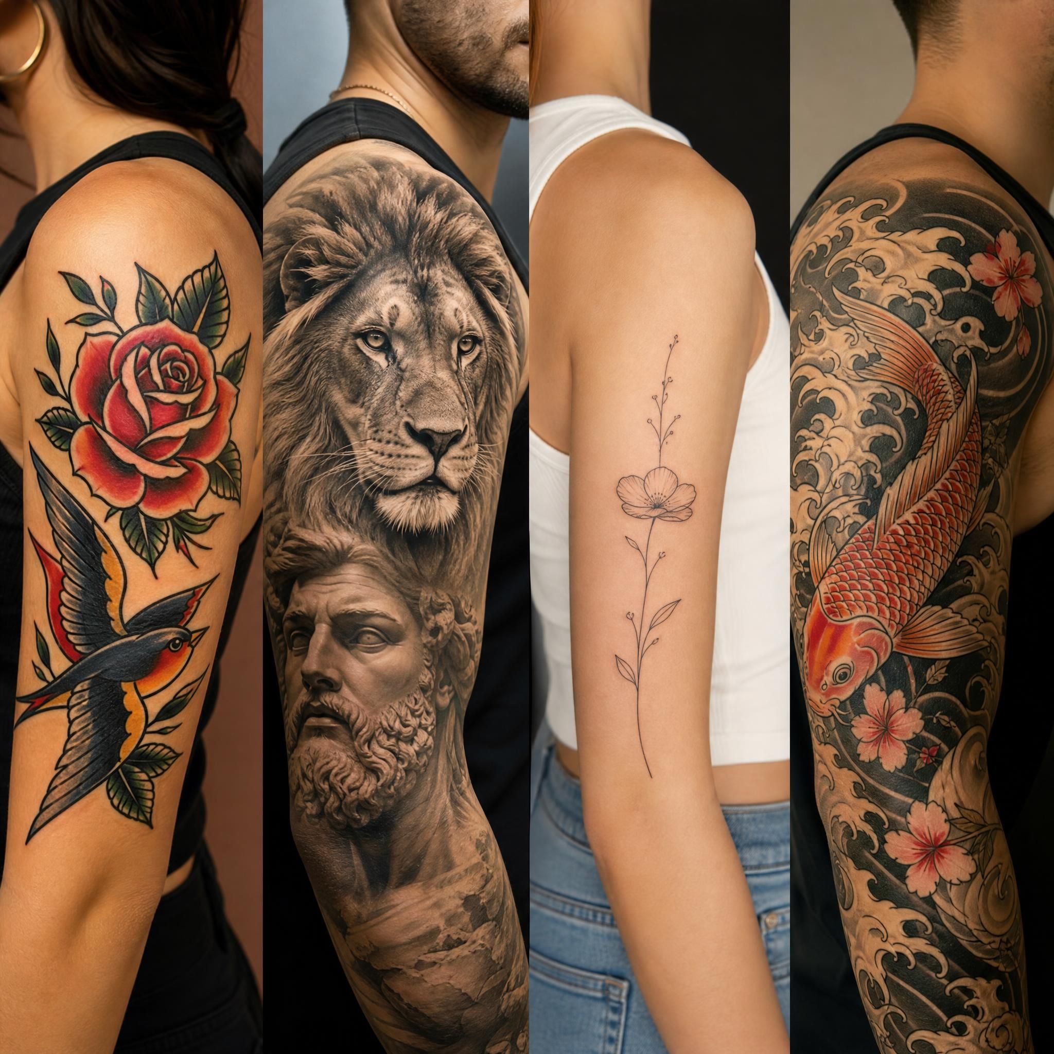 Illustration colorée et illustrative montrant plusieurs styles de tatouage côte à côte – traditionnel, réaliste, minimaliste, japonais – sans texte