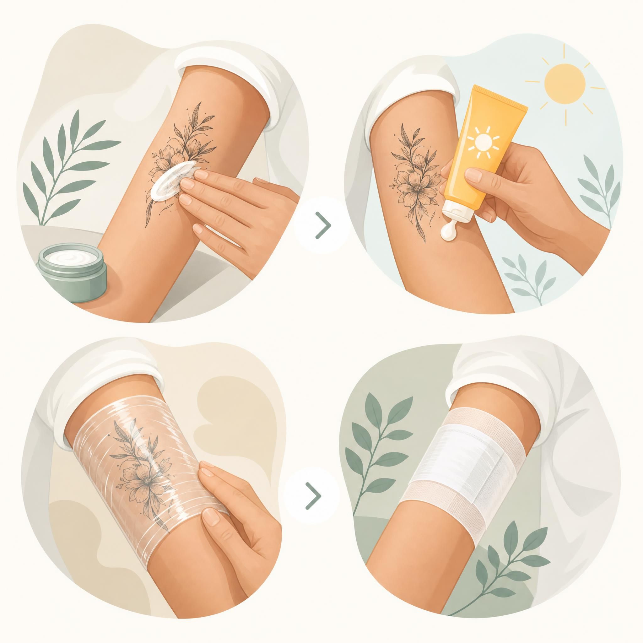Illustration illustrant les étapes de soin d'un tatouage après séance - crème hydratante, protection solaire, bandage, style illustratif doux sans texte