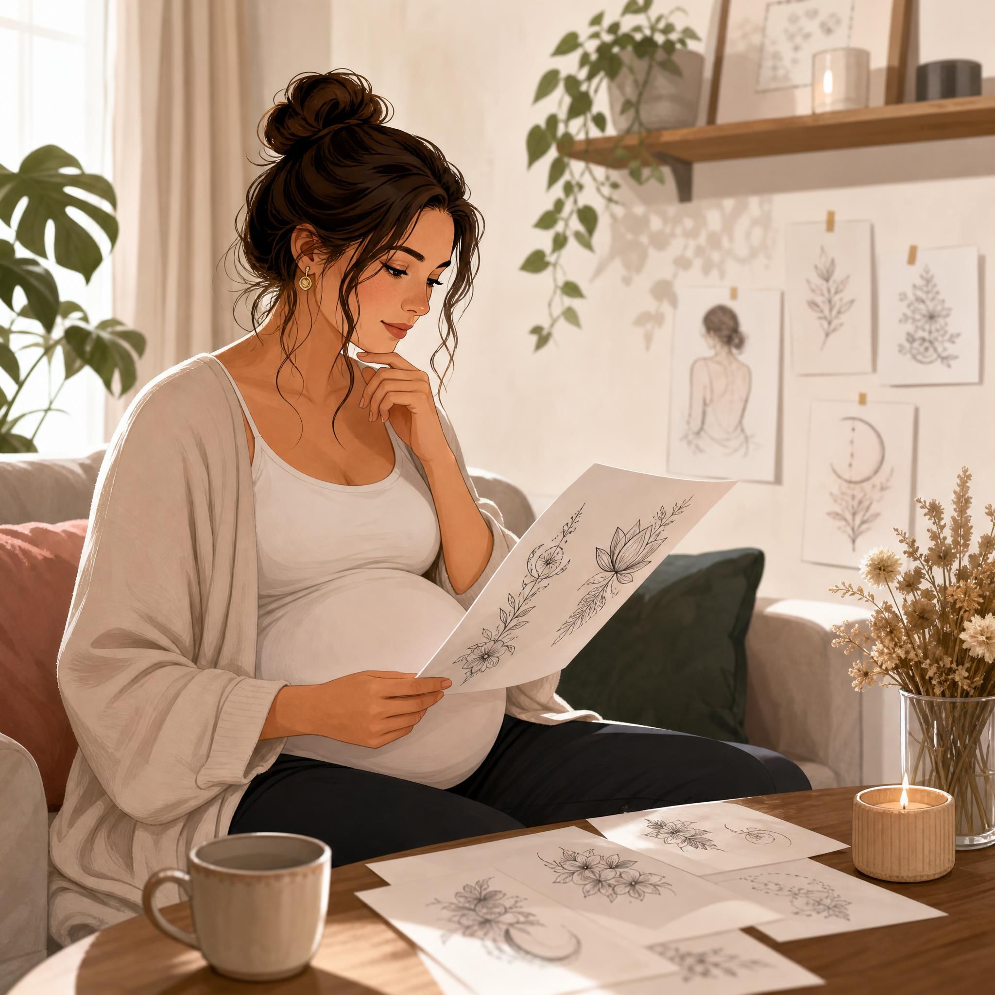 Illustration douce et apaisante représentant une femme enceinte réfléchissant à un projet de tatouage, style illustratif bienveillant sans texte