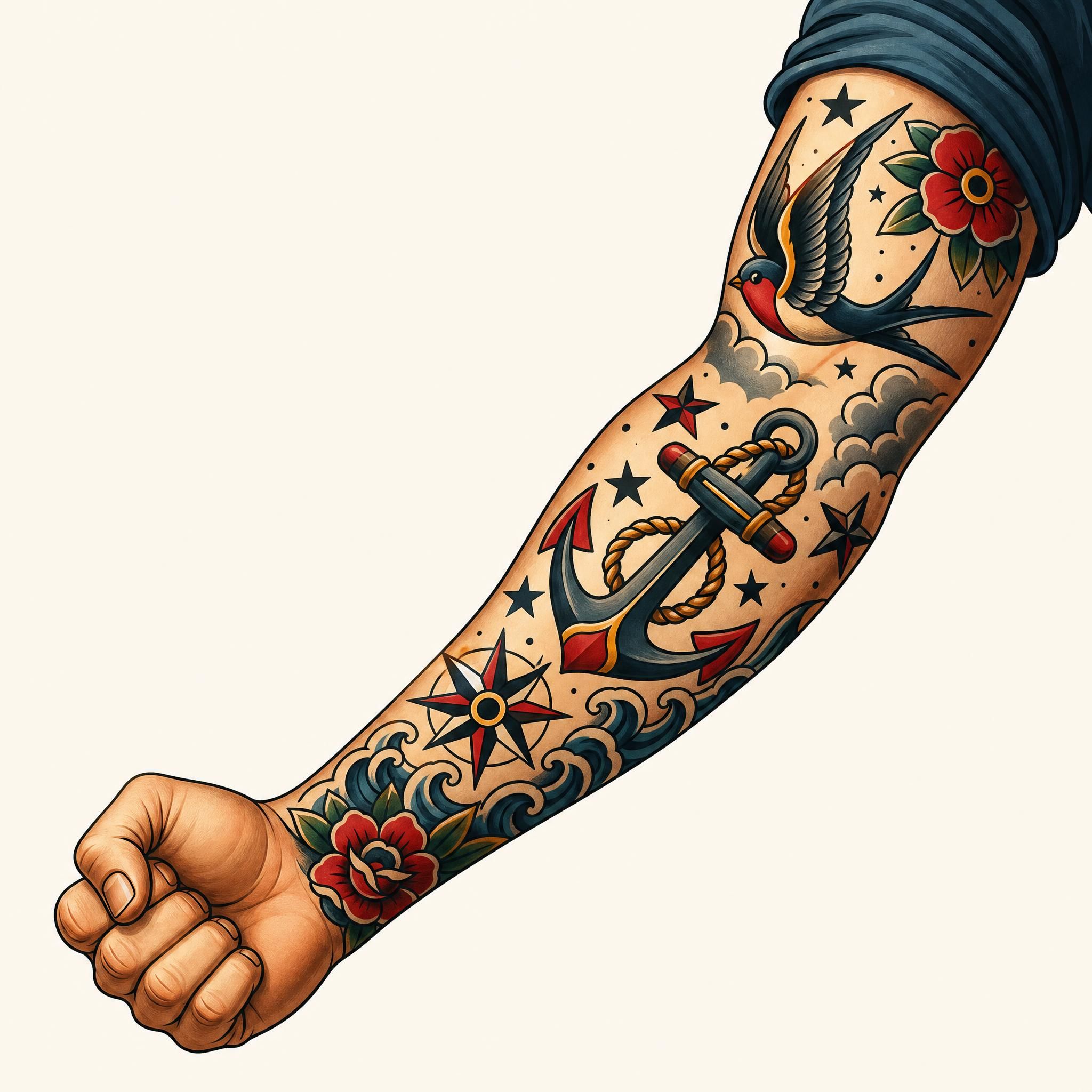 Illustration d'un bras tatoué en style Old School avec des motifs marins colorés, ancres et hirondelles, style illustratif sans texte