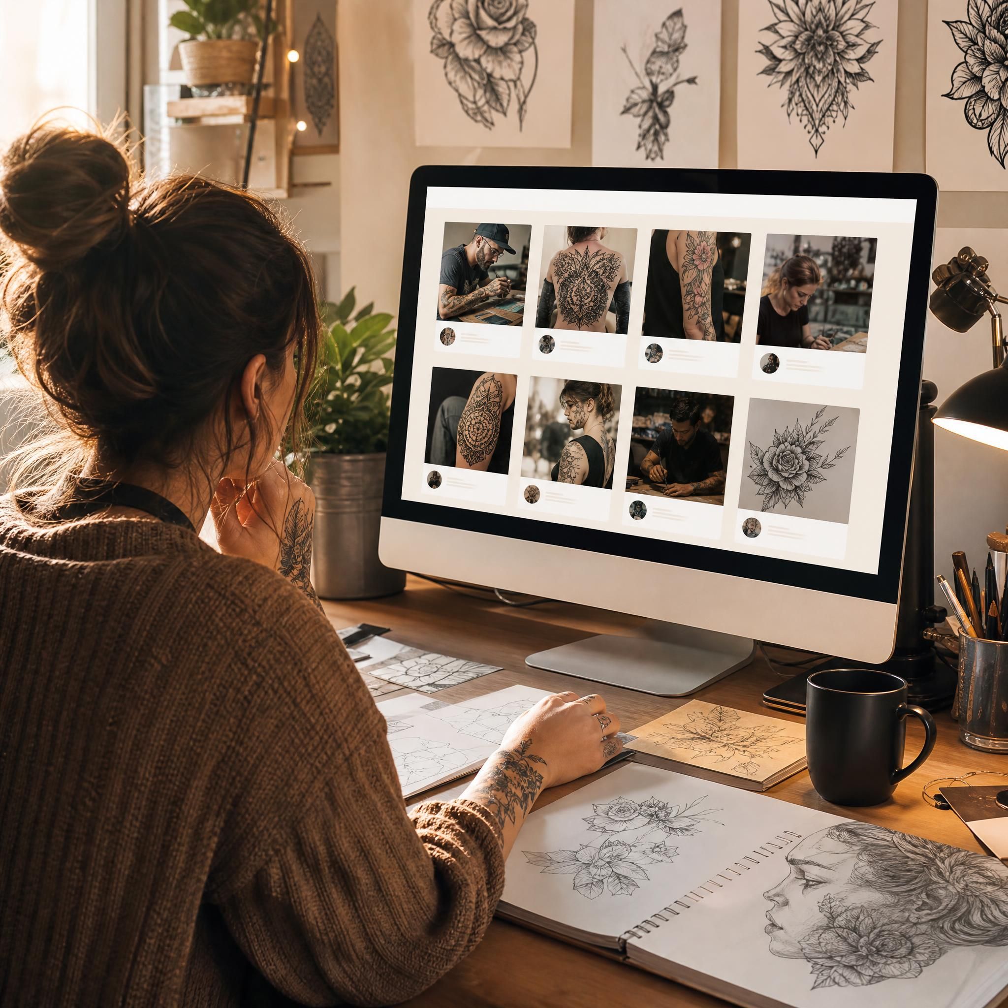 Illustration illustrative d'une personne parcourant des profils de tatoueurs sur un écran, entourée de sketches et de designs tatouage, ambiance créative et chaleureuse, sans texte