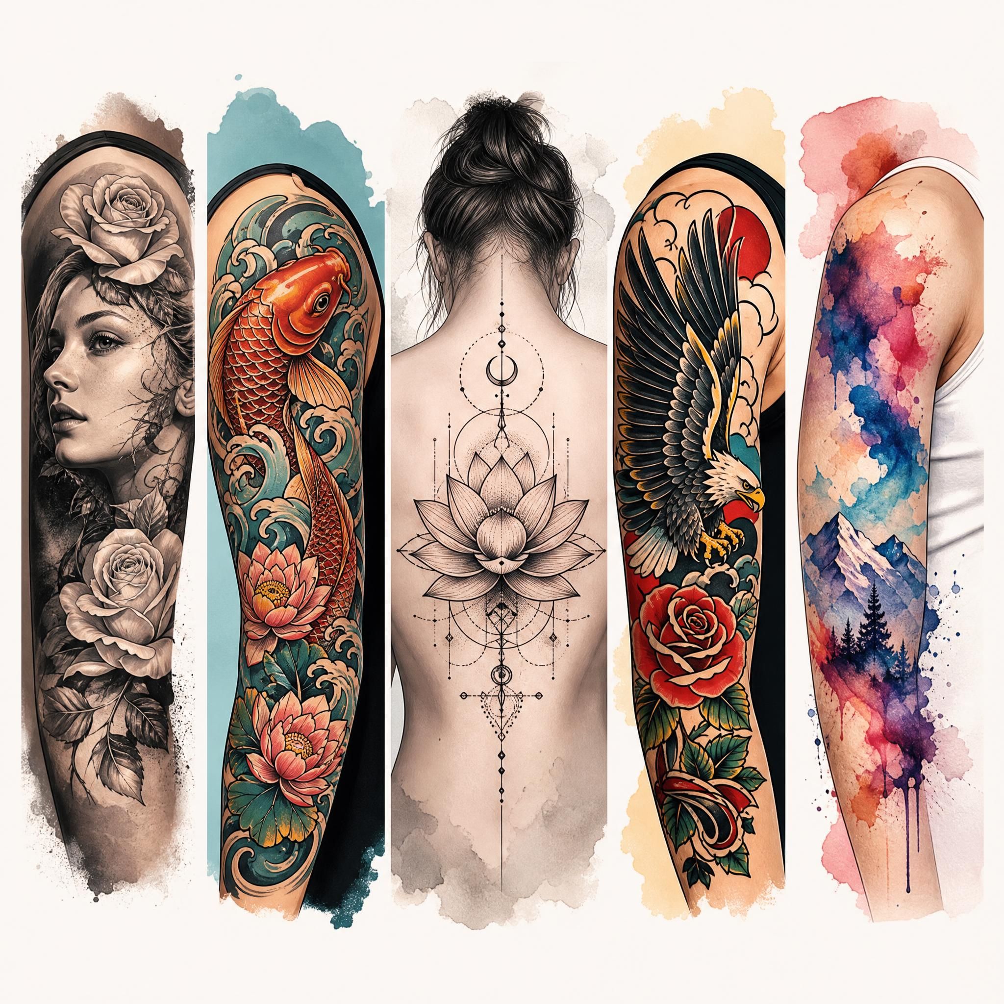 Illustration illustrative montrant une planche de différents styles de tatouage côte à côte, style graphique coloré sans texte