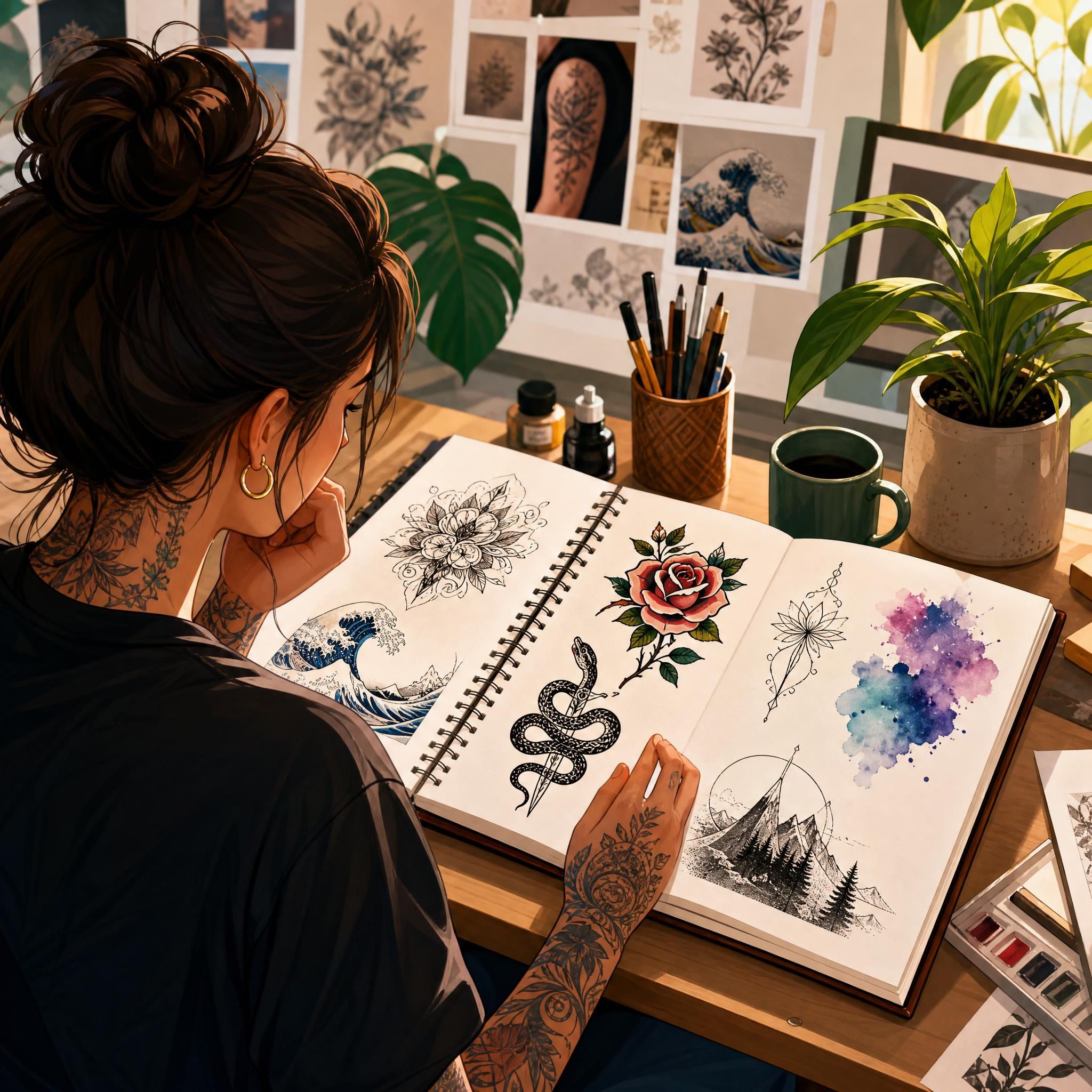 illustration colorée et inspirante d'une personne découvrant différents styles de tatouage sur un carnet de croquis, style illustratif sans texte