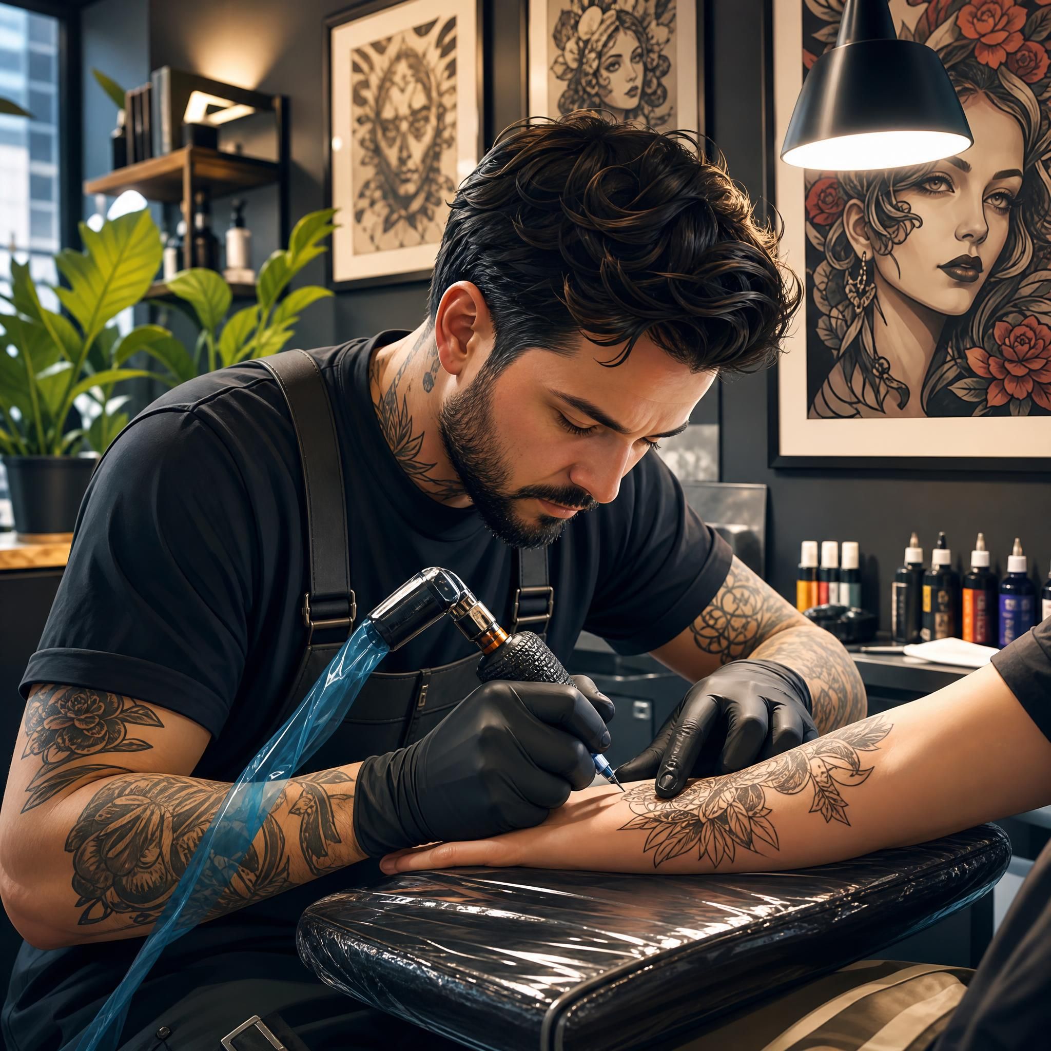 Illustration colorée d'un tatoueur professionnel travaillant sur un design artistique dans un studio moderne, style illustratif sans texte