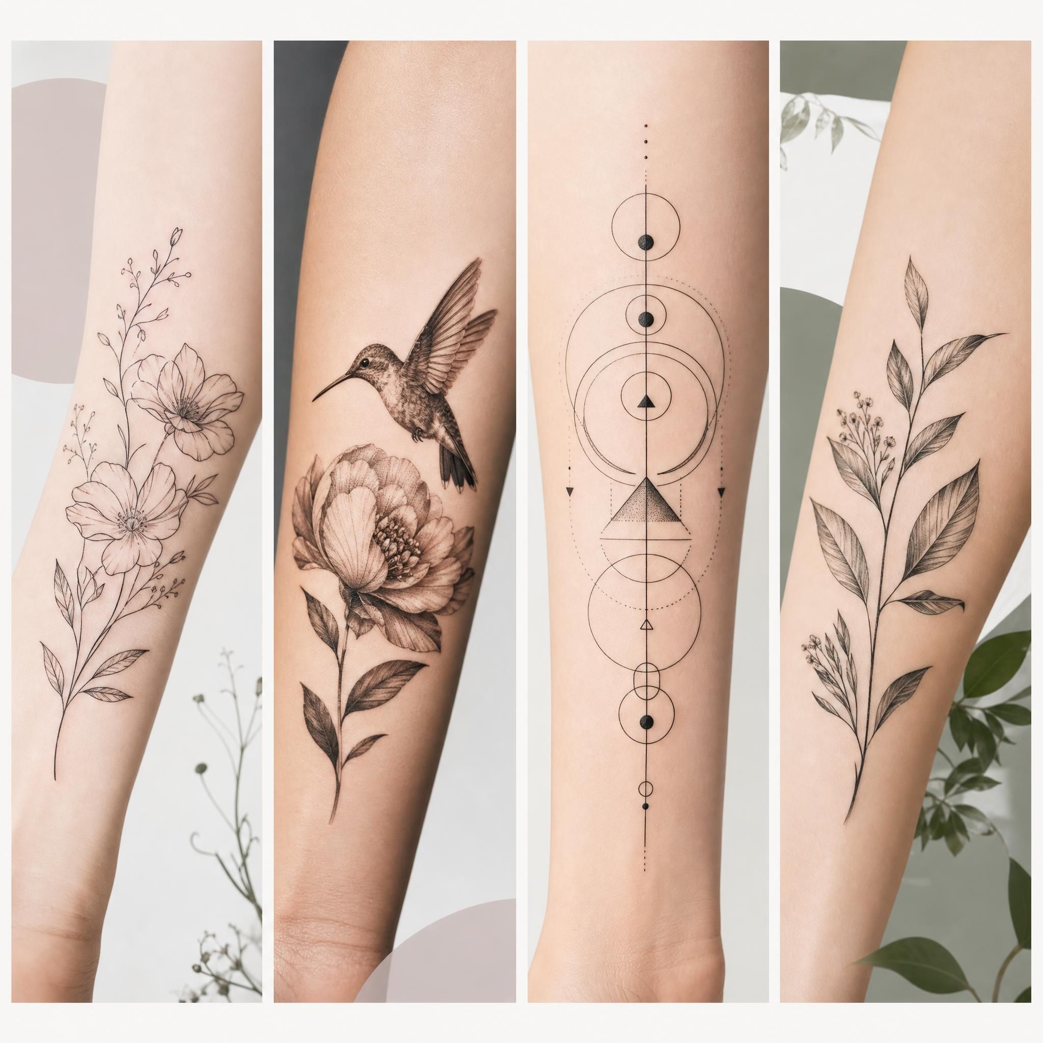 Illustration illustrative de différents styles de tatouage côte à côte — fine line floral, micro-réalisme, géométrique et tatouage botanique — sur fond clair, sans texte