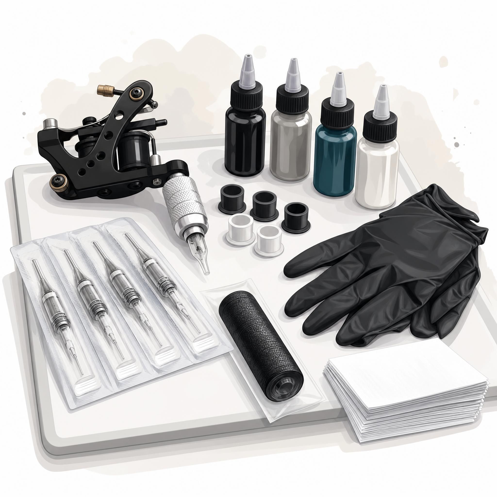 Illustration illustrative représentant les outils d'un tatoueur (aiguilles stériles, encres, gants) posés sur une surface propre, style illustratif minimaliste, sans texte