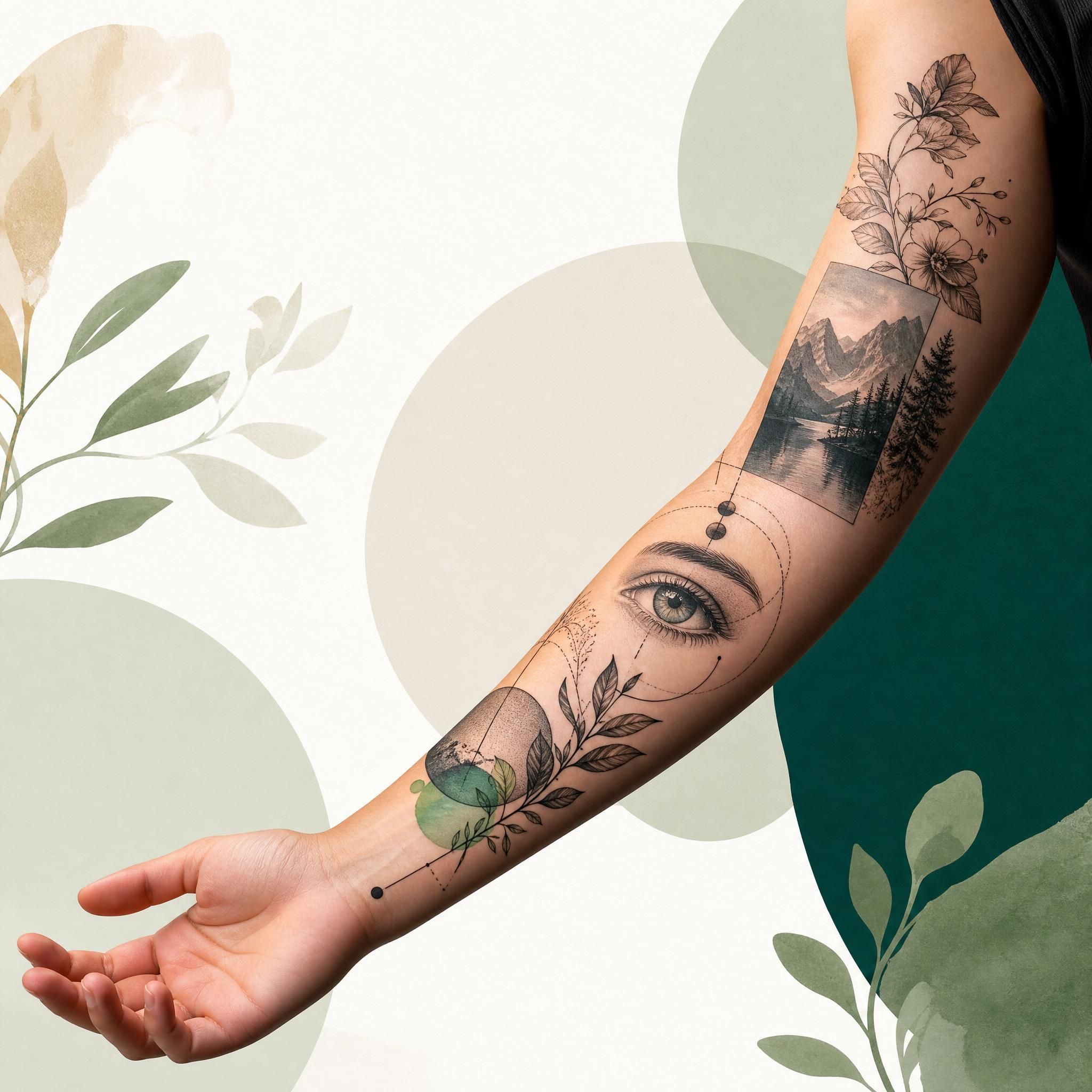 Illustration colorée et illustrative d'un bras tatoué avec différents styles artistiques modernes — fine line, micro-réalisme et botanique — sans texte