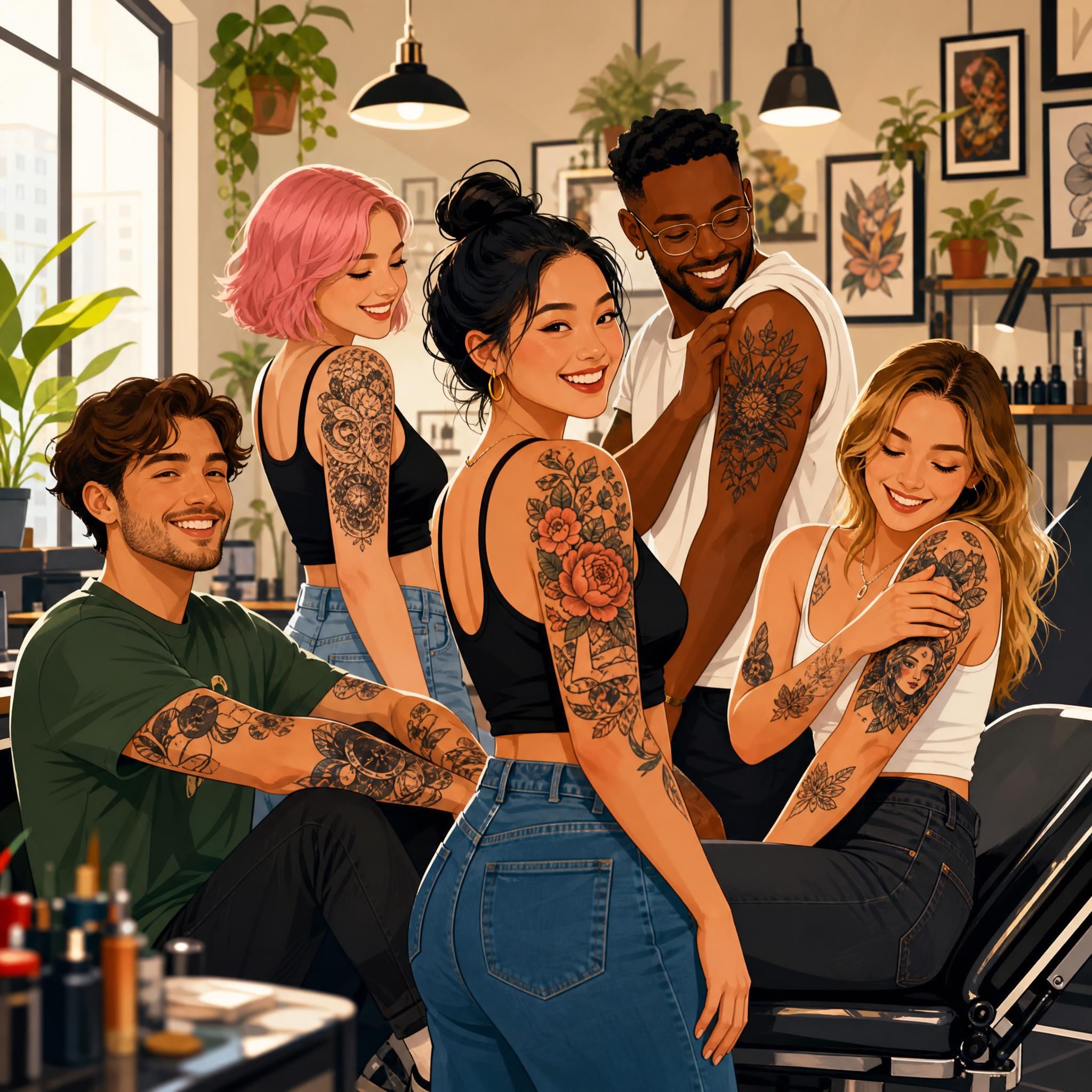 Illustration colorée et chaleureuse de plusieurs personnes fières de leurs tatouages dans un studio moderne, style illustratif sans texte