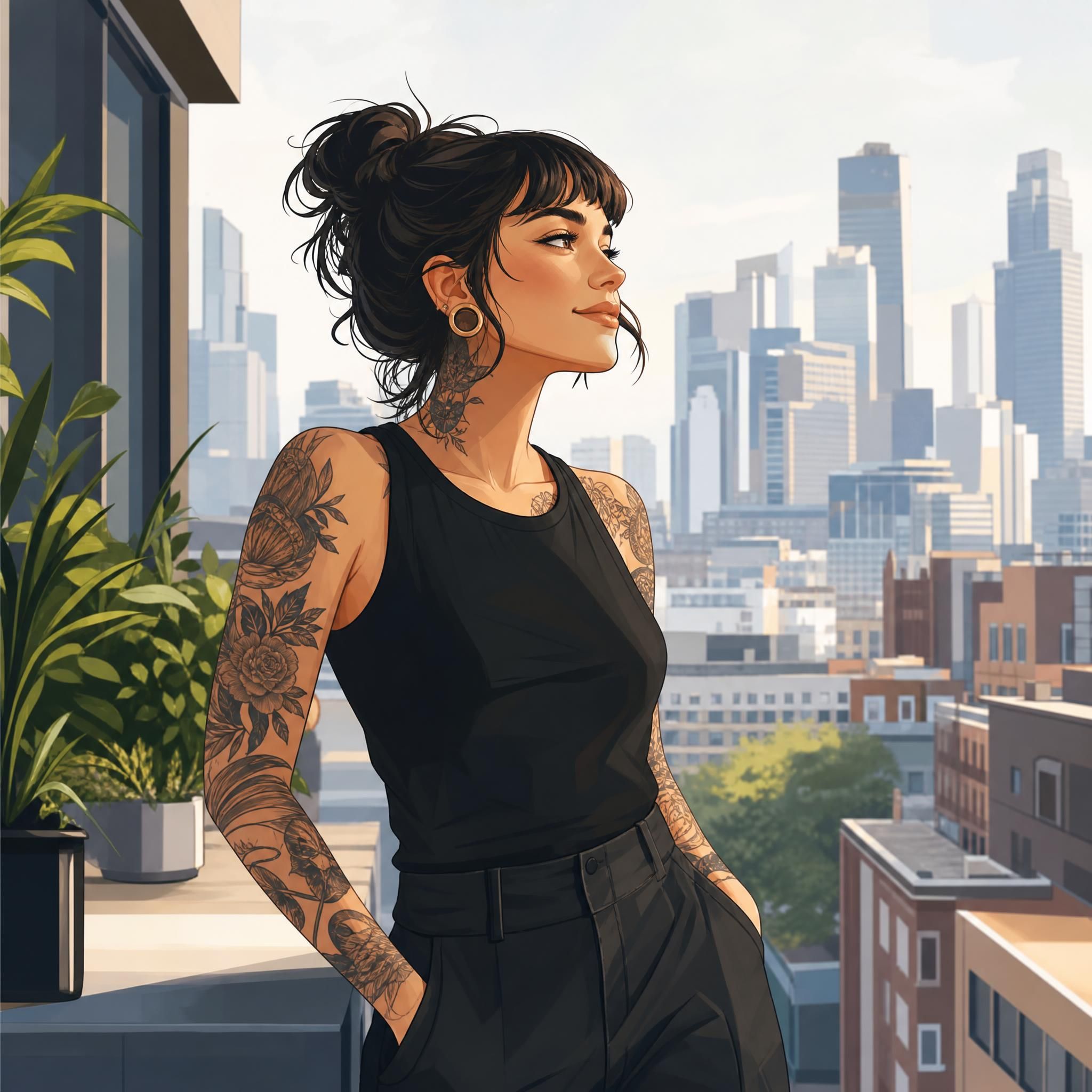Illustration illustrative d'une femme tatouée dans un environnement urbain moderne, style illustratif sans texte, couleurs douces et contemporaines