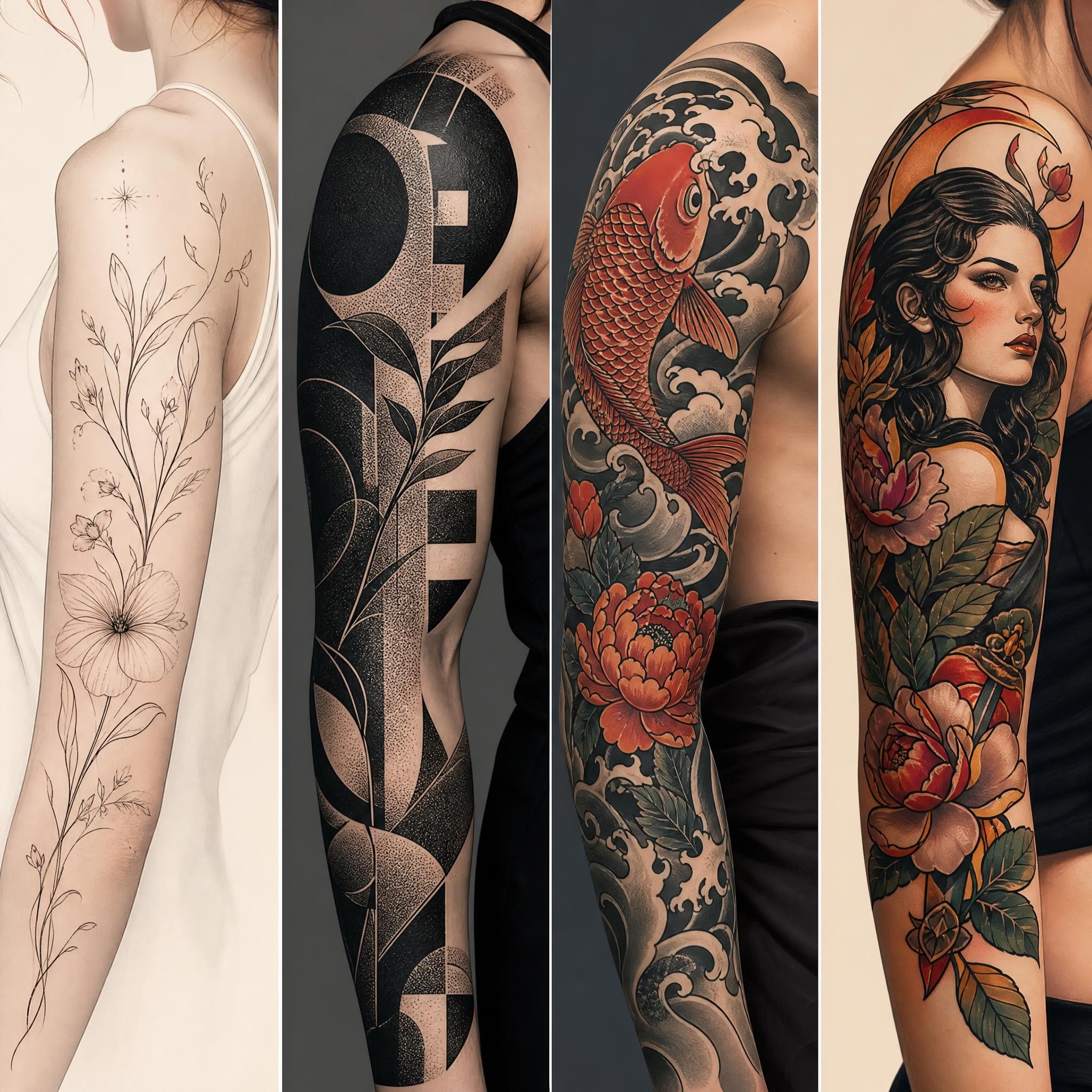 Illustration montrant différents styles de tatouage côte à côte - fine line, blackwork, japonais et néo-traditionnel, style illustratif artistique sans texte
