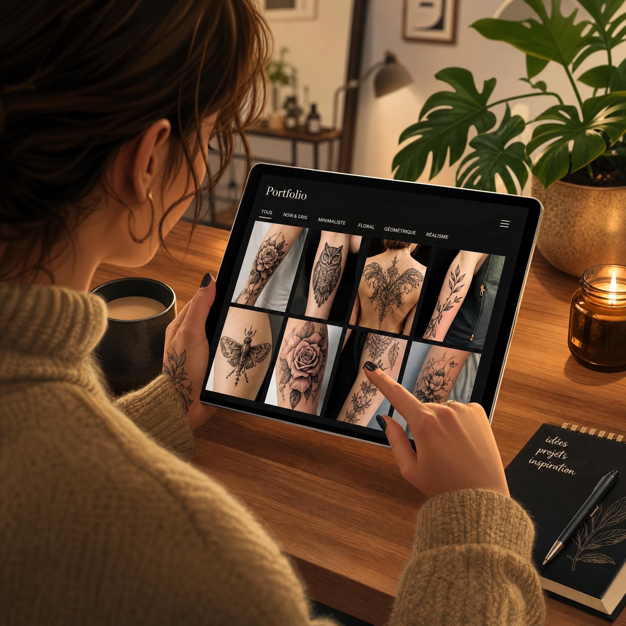 Illustration d'une personne qui consulte un portfolio de tatouages sur une tablette, style illustratif chaleureux