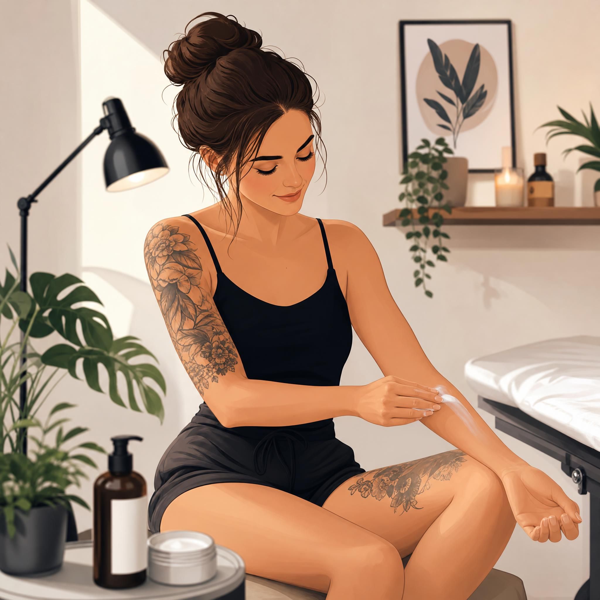 illustration douce et rassurante d'une personne se préparant sereinement pour sa séance de tatouage, hydratant sa peau, style illustratif sans texte
