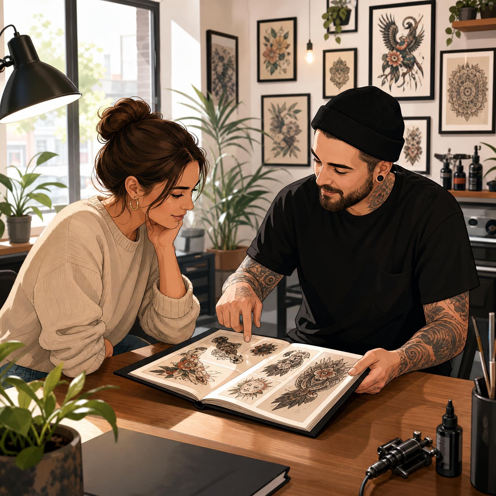 Illustration d'une personne consultant un tatoueur dans un studio lumineux et accueillant, en train de regarder un portfolio ensemble, style illustratif sans texte