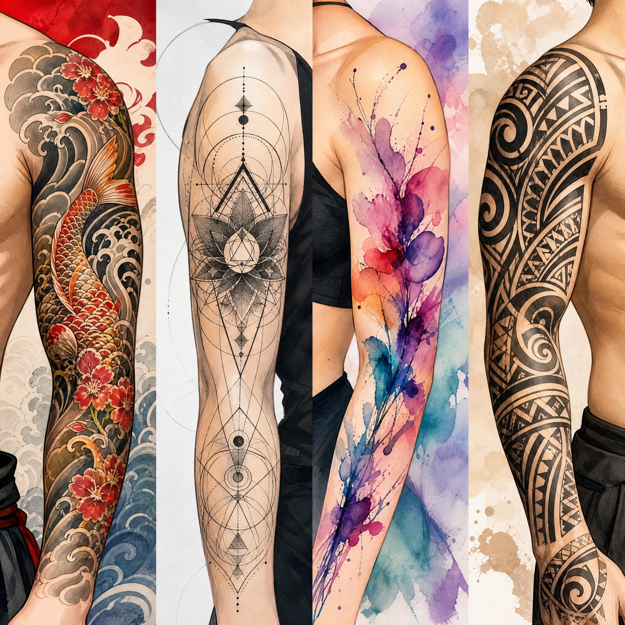 Illustration illustrative représentant différents styles de tatouage (japonais, géométrique, aquarelle, tribal) présentés côte à côte de façon harmonieuse, style illustratif coloré, sans texte