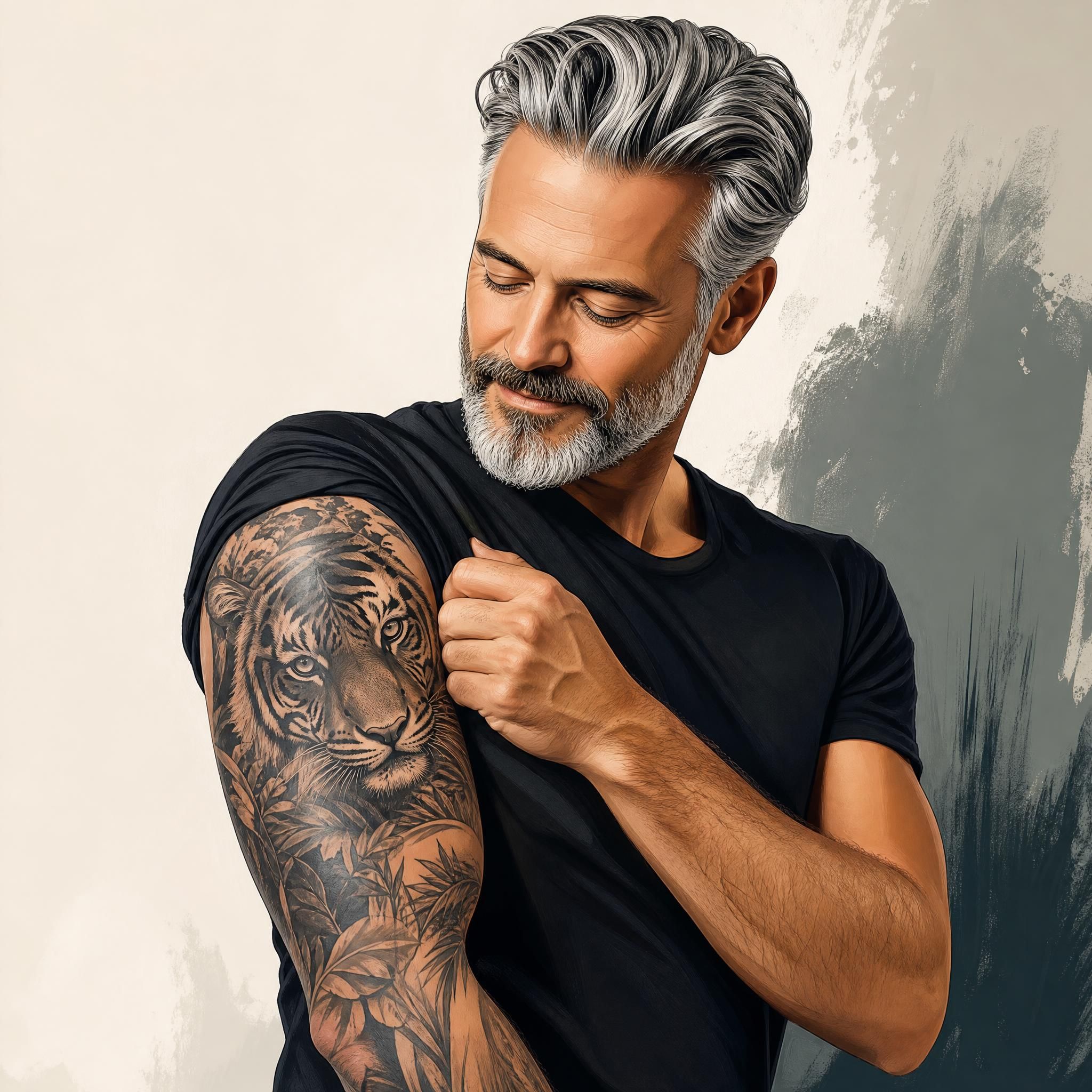 Illustration d'une personne mature regardant fièrement son bras tatoué avec un motif réaliste animalier, style illustratif sans texte