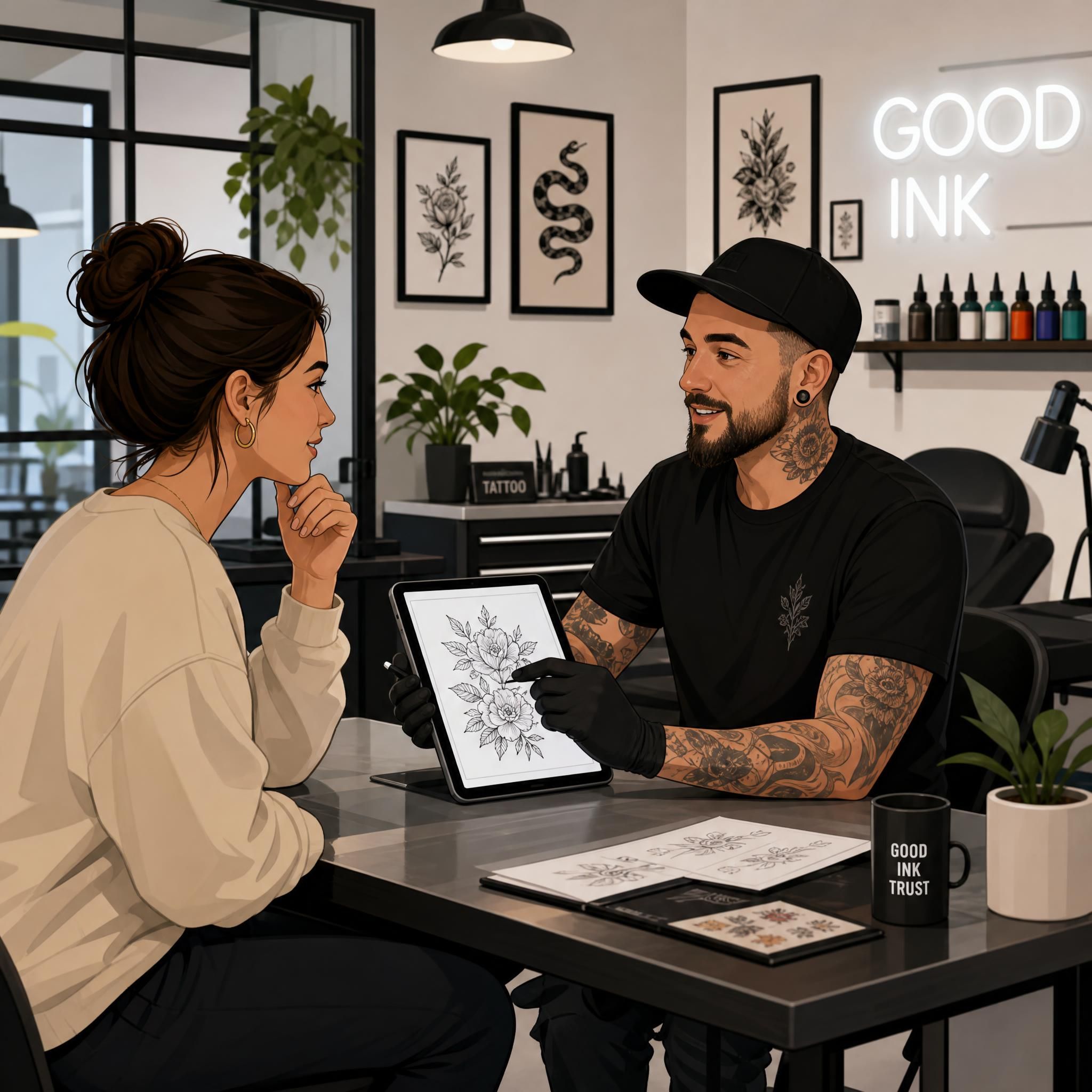 Illustration d'une personne en consultation avec un tatoueur professionnel dans un studio propre et moderne, style illustratif