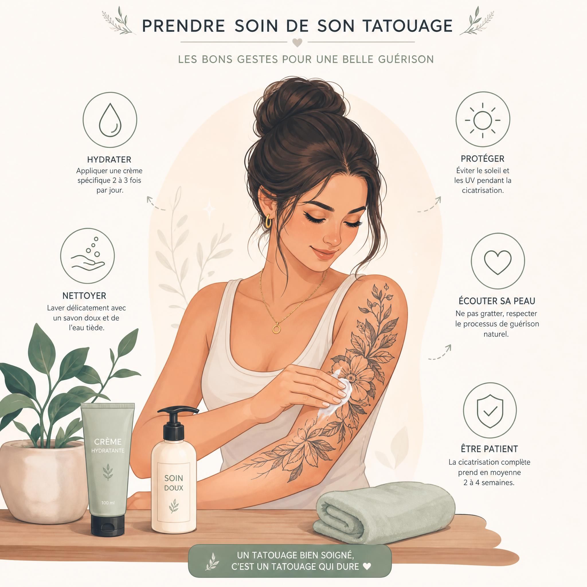 Illustration douce d'une personne prenant soin de son tatouage avec des produits de soin, entourée d'icônes symbolisant le suivi et la guérison, style illustratif pastel