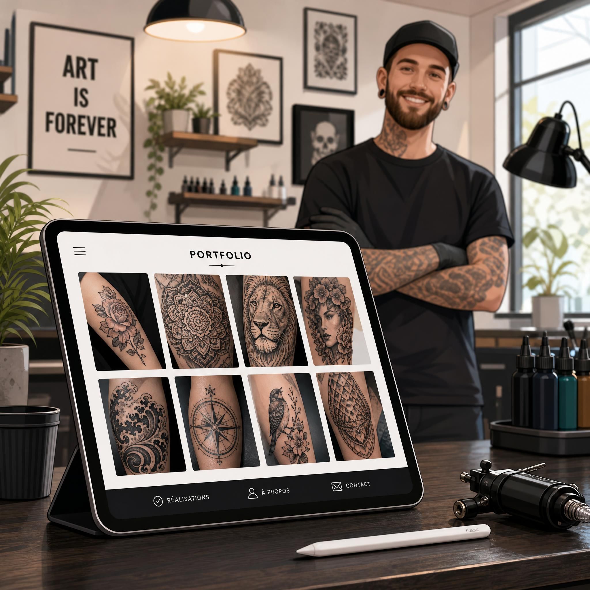 Illustration montrant un portfolio de tatouages variés sur une tablette, avec un tatoueur souriant en arrière-plan dans un studio propre et moderne, style illustratif