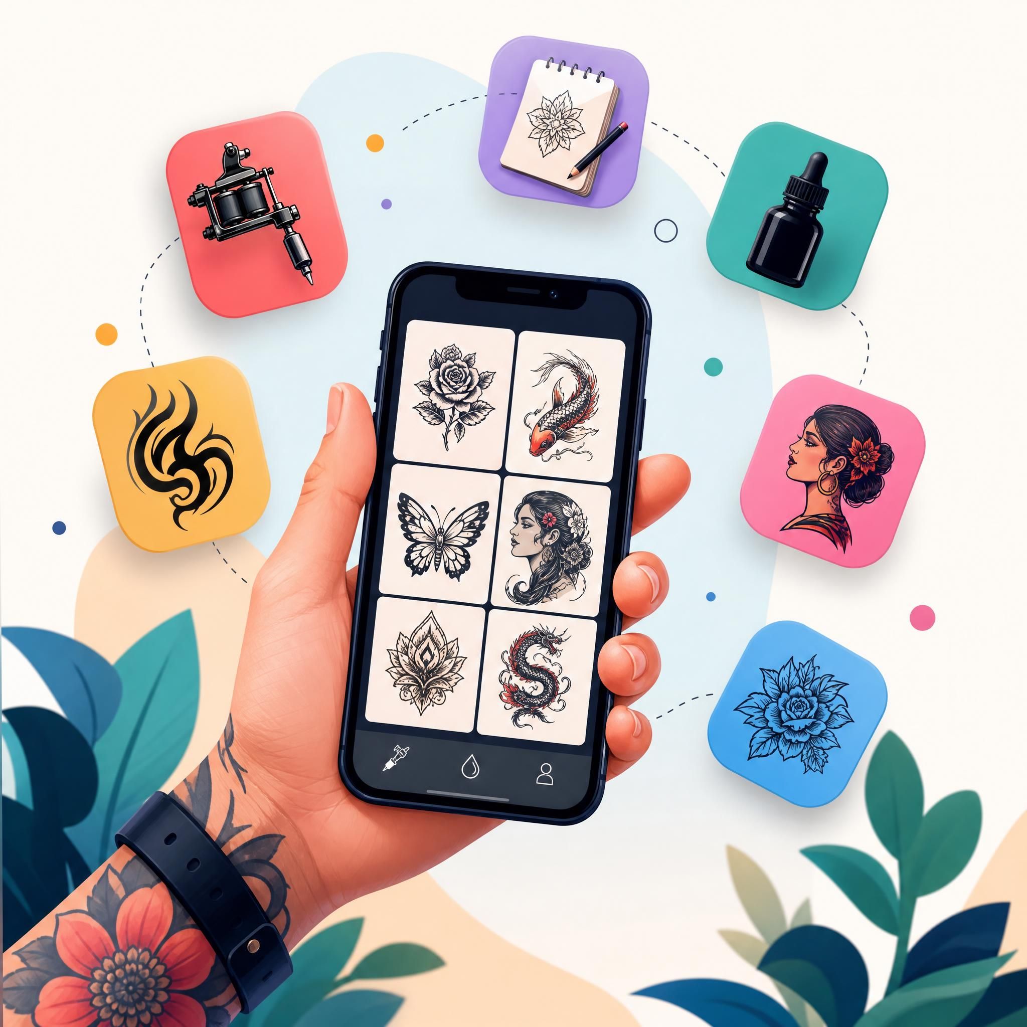 Illustration colorée d'une personne tenant un smartphone avec des icônes d'applications de tatouage flottant autour, style illustratif moderne sans texte
![Illustration colorée d'une personne tenant un smartphone avec des icônes d'applications de tatouage flottant autour, style illustratif moderne sans texte