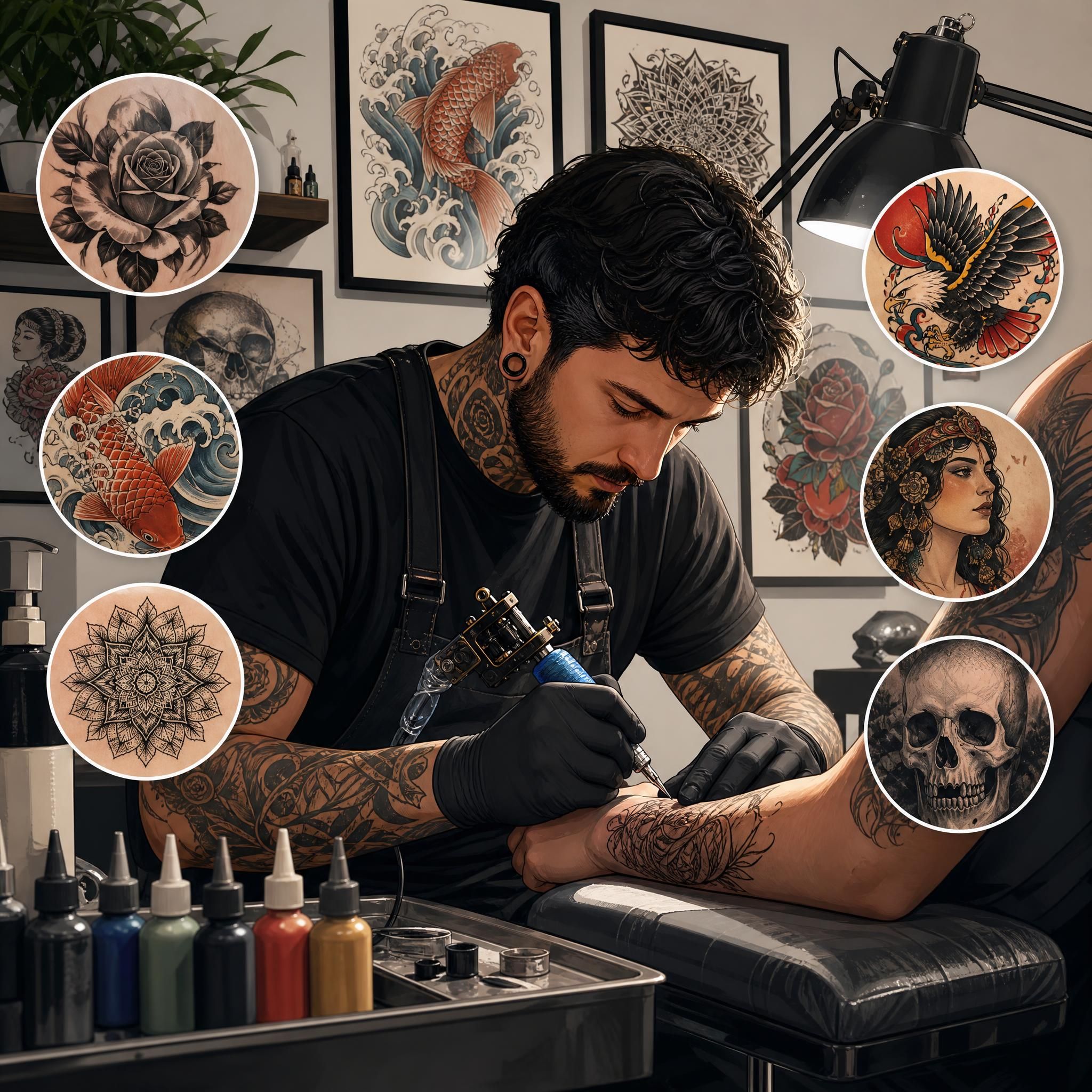 Illustration artistique d'un tatoueur professionnel au travail avec différents styles de tatouage autour de lui, style illustratif sans texte