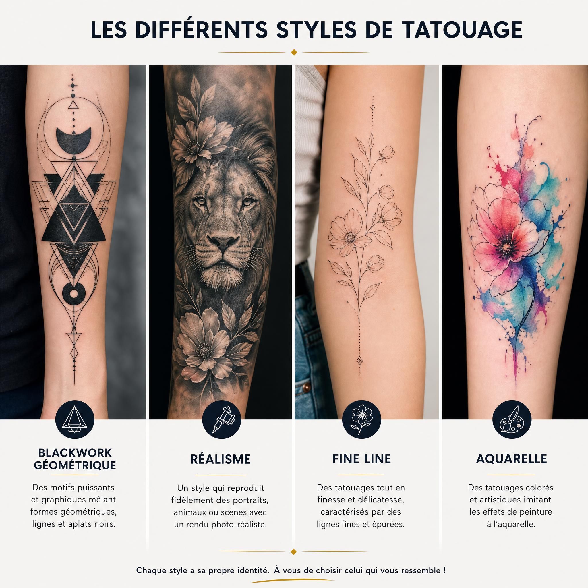 Illustration colorée montrant différents styles de tatouage côte à côte - blackwork géométrique, réalisme, fine line et aquarelle, style illustratif