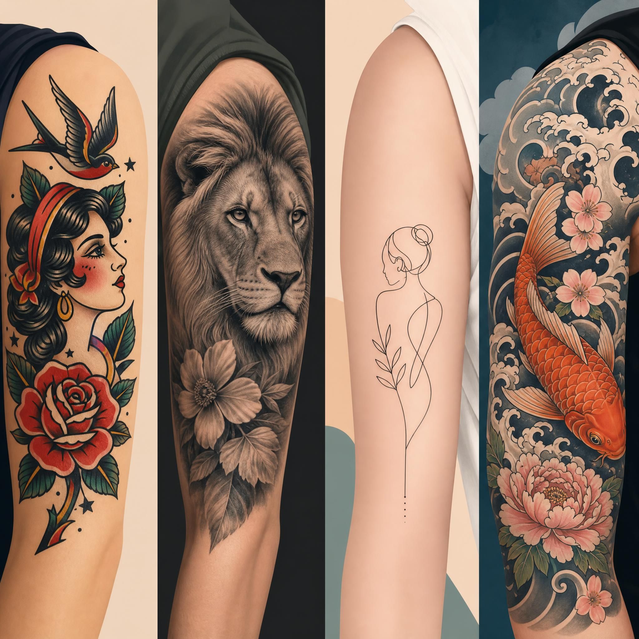Illustration colorée montrant différents styles de tatouages côte à côte — old school, réaliste, minimaliste, japonais — style illustratif sans texte