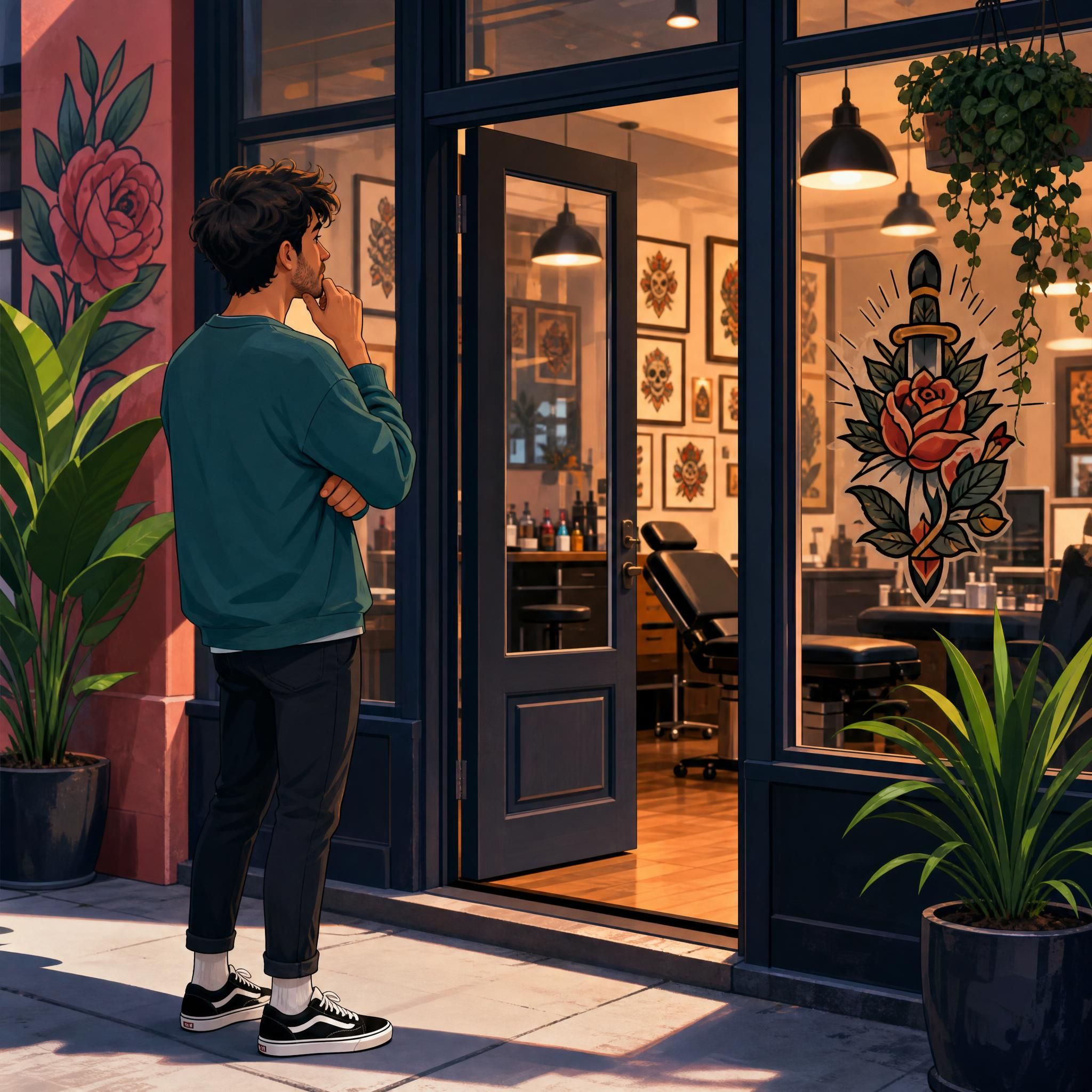 Illustration décontractée d'une personne hésitante devant un studio de tatouage, style illustratif coloré sans texte