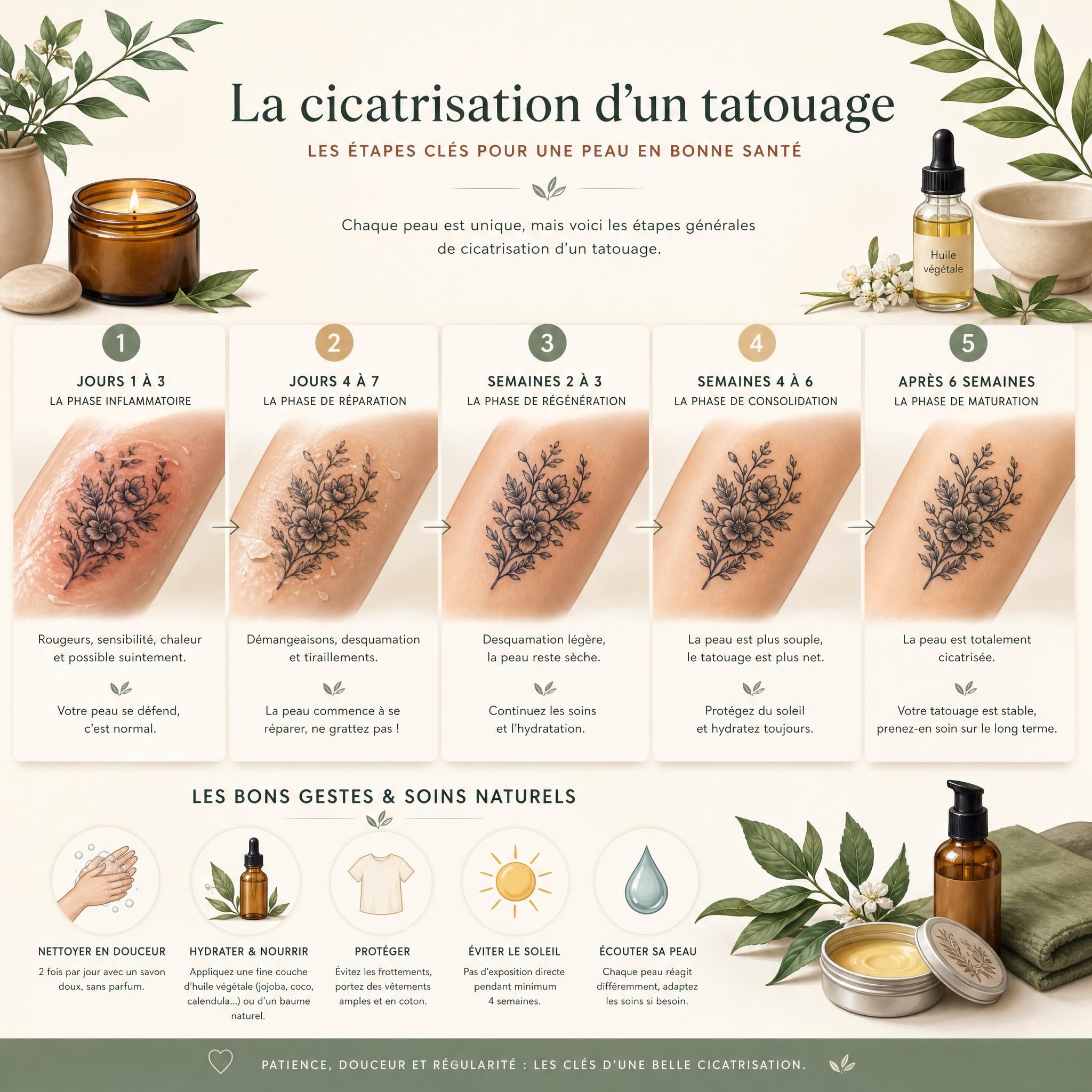 Illustration apaisante montrant les différentes étapes de cicatrisation d'un tatouage avec des soins naturels autour, style illustratif doux