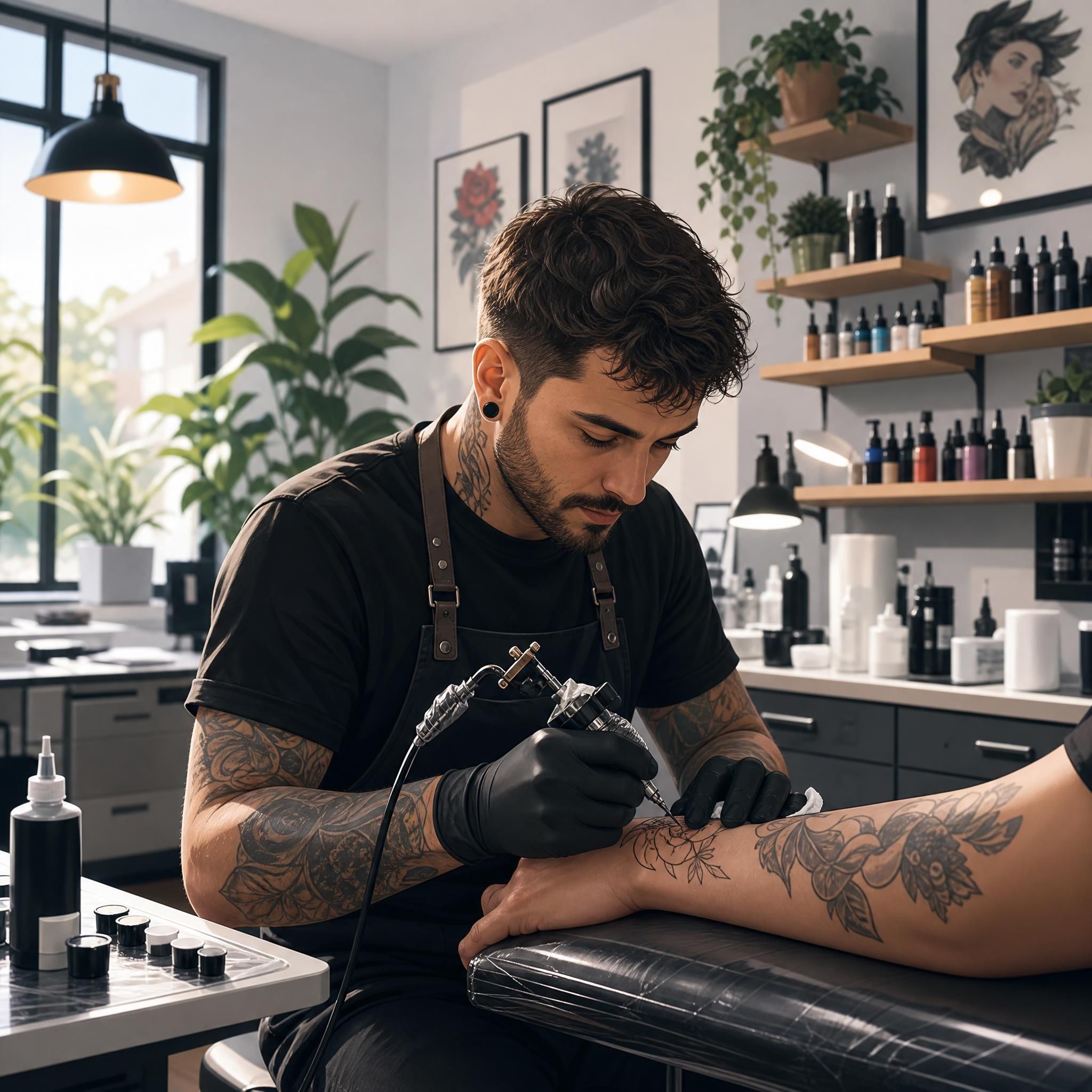 Illustration illustrative d'un tatoueur travaillant dans un studio moderne et lumineux, style illustratif doux, sans texte