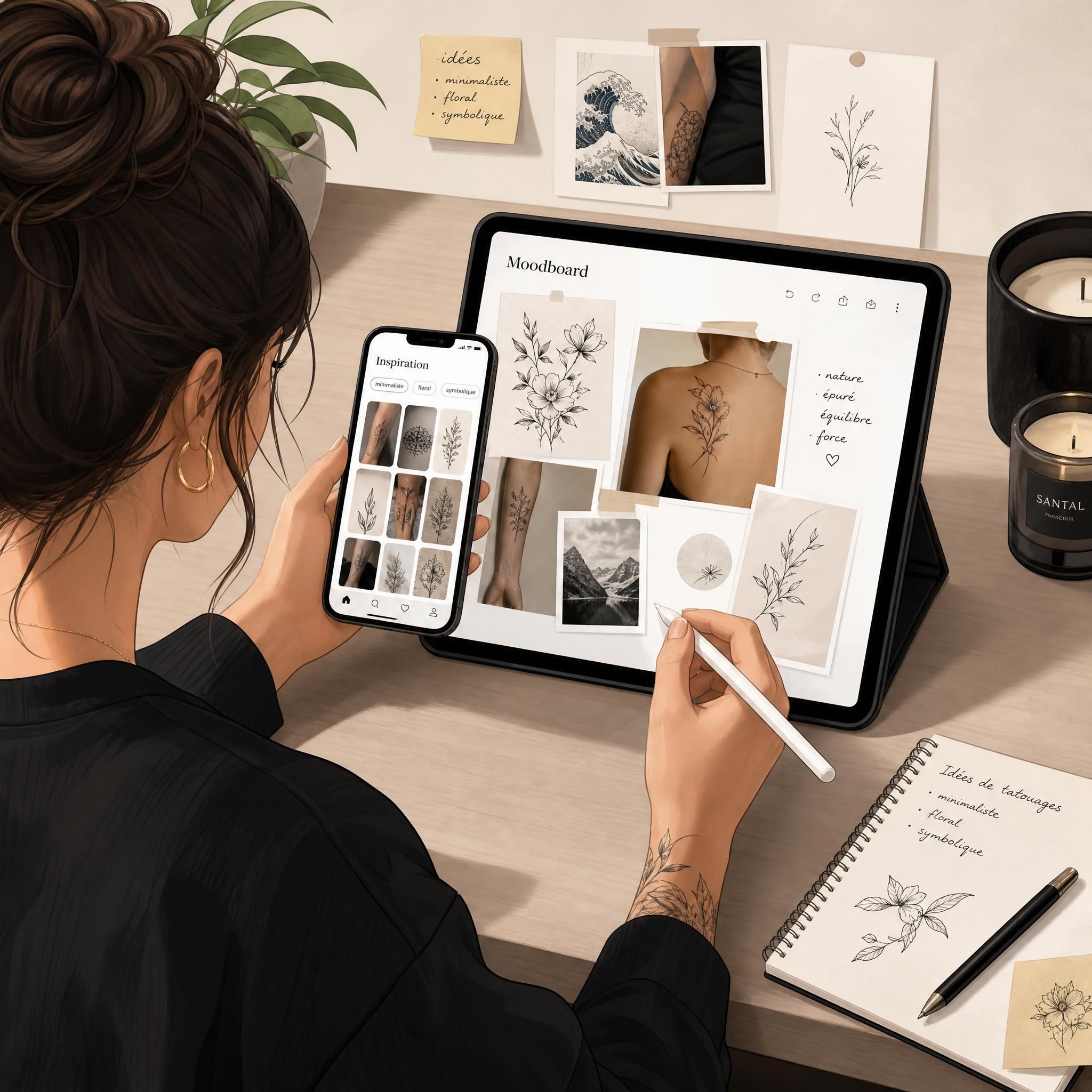 Illustration d'une personne utilisant plusieurs applications sur tablette et smartphone pour créer un moodboard de tatouages, style illustratif doux