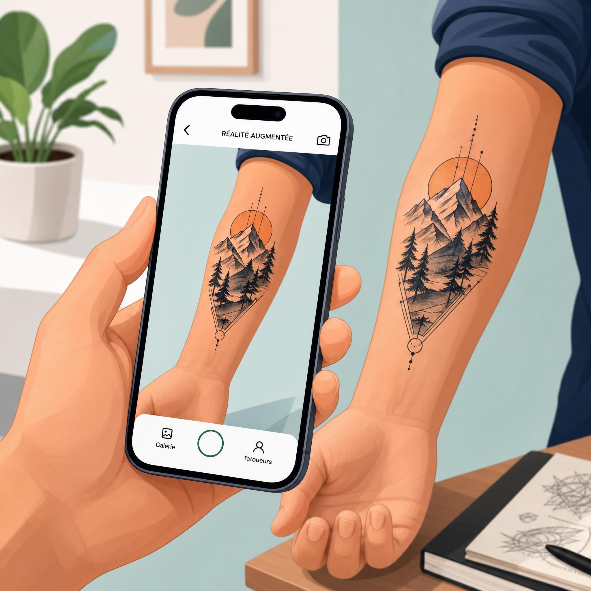 Illustration d'une main tenant un smartphone qui affiche un tatouage en réalité augmentée sur un avant-bras, rendu illustratif et coloré
