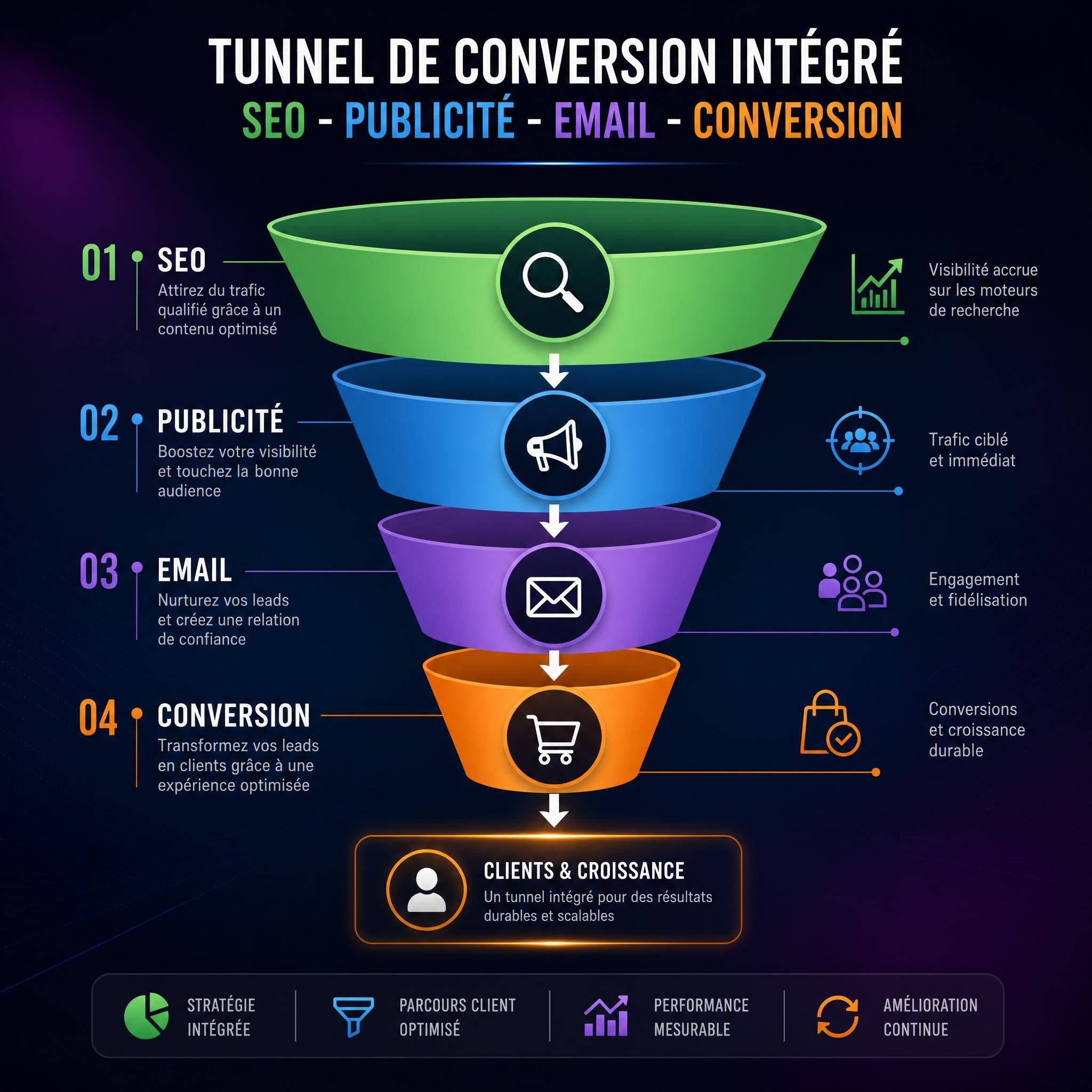 Schéma du tunnel de conversion intégré SEO - Publicité - Email - Conversion avec flèches et étapes sur fond sombre coloré
