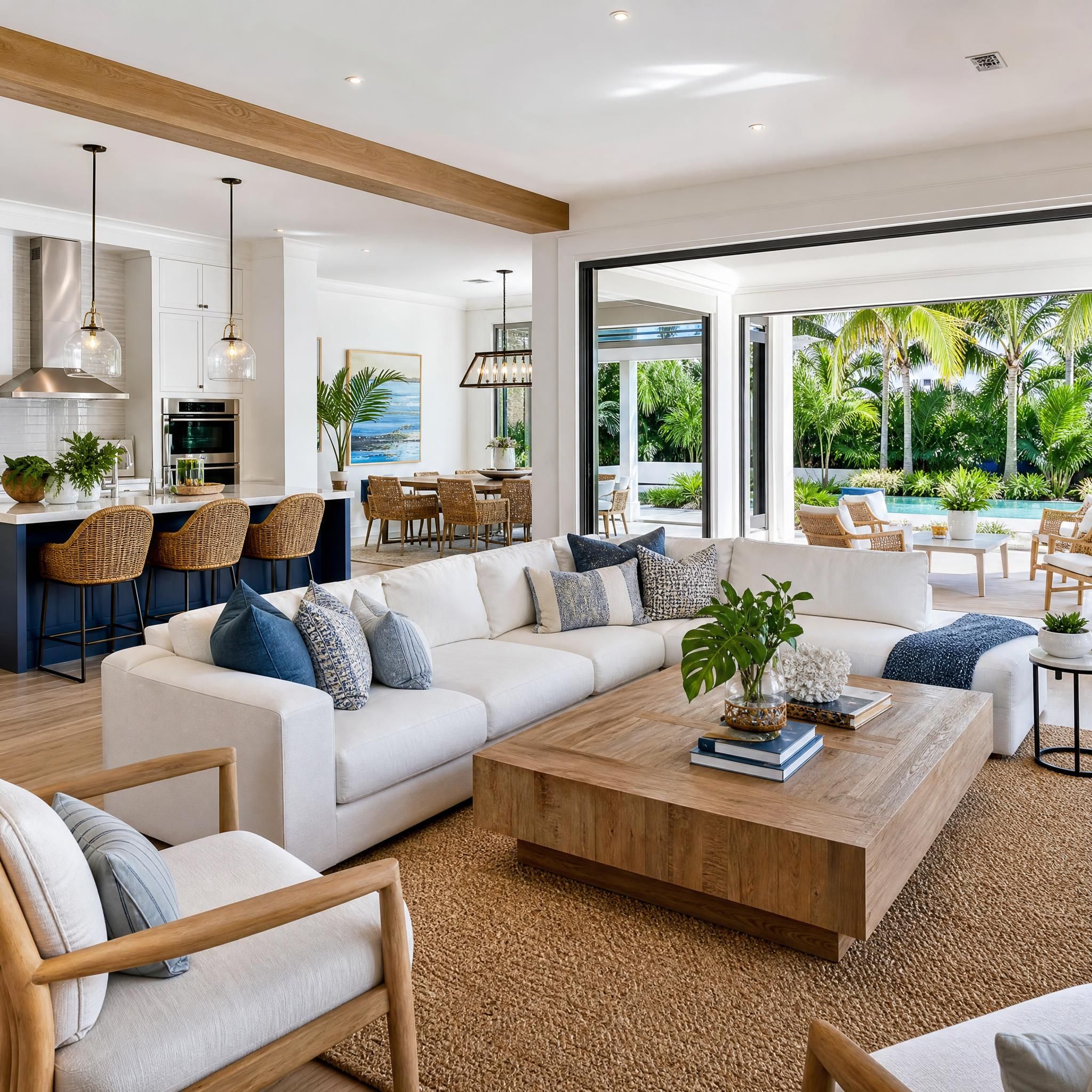 Beautifully staged South Florida home interior with open floor plan, natural light, and tropical outdoor living space visible through glass doors