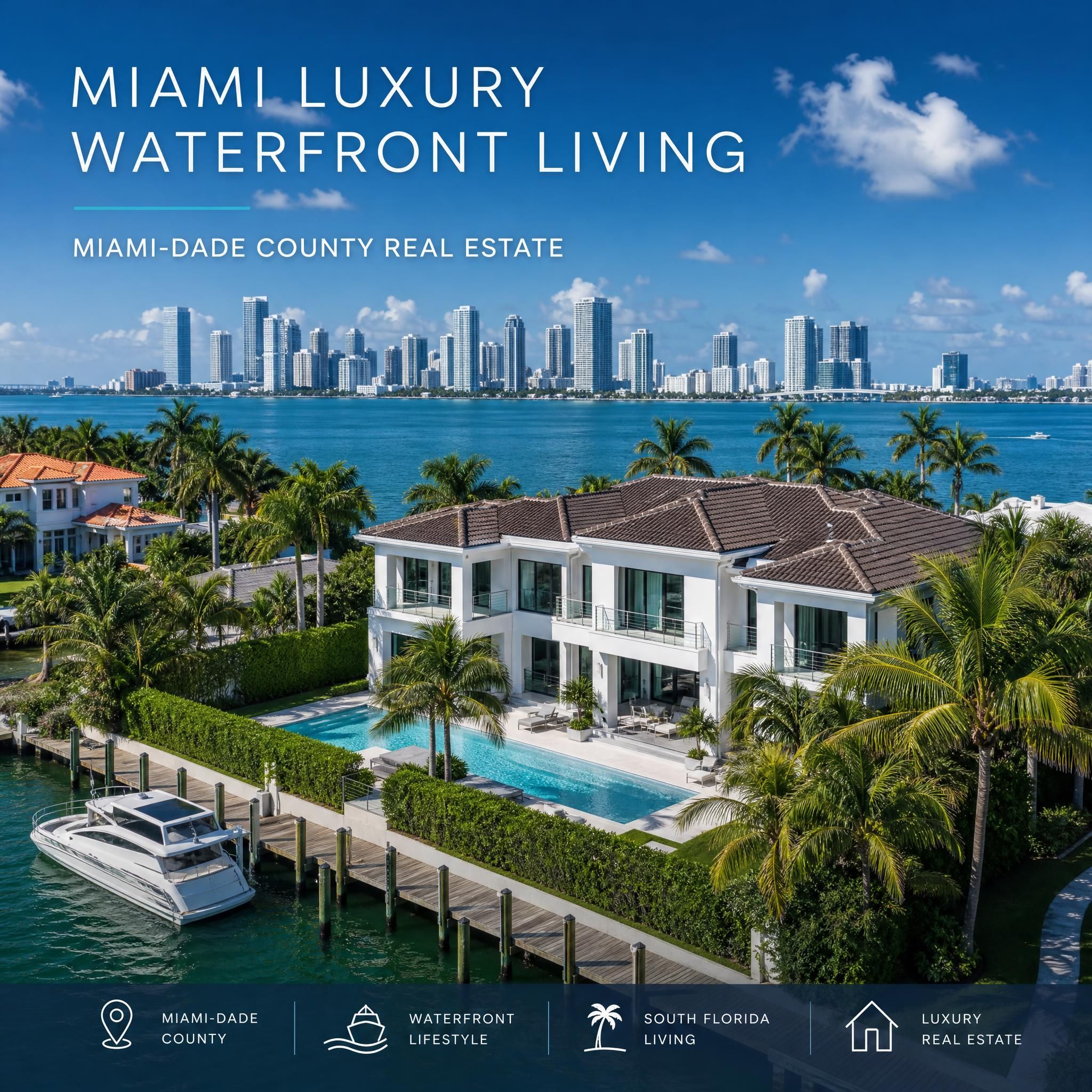 Aerial view of a luxury waterfront home for sale in Miami-Dade County with the Miami skyline in the background, South Florida real estate