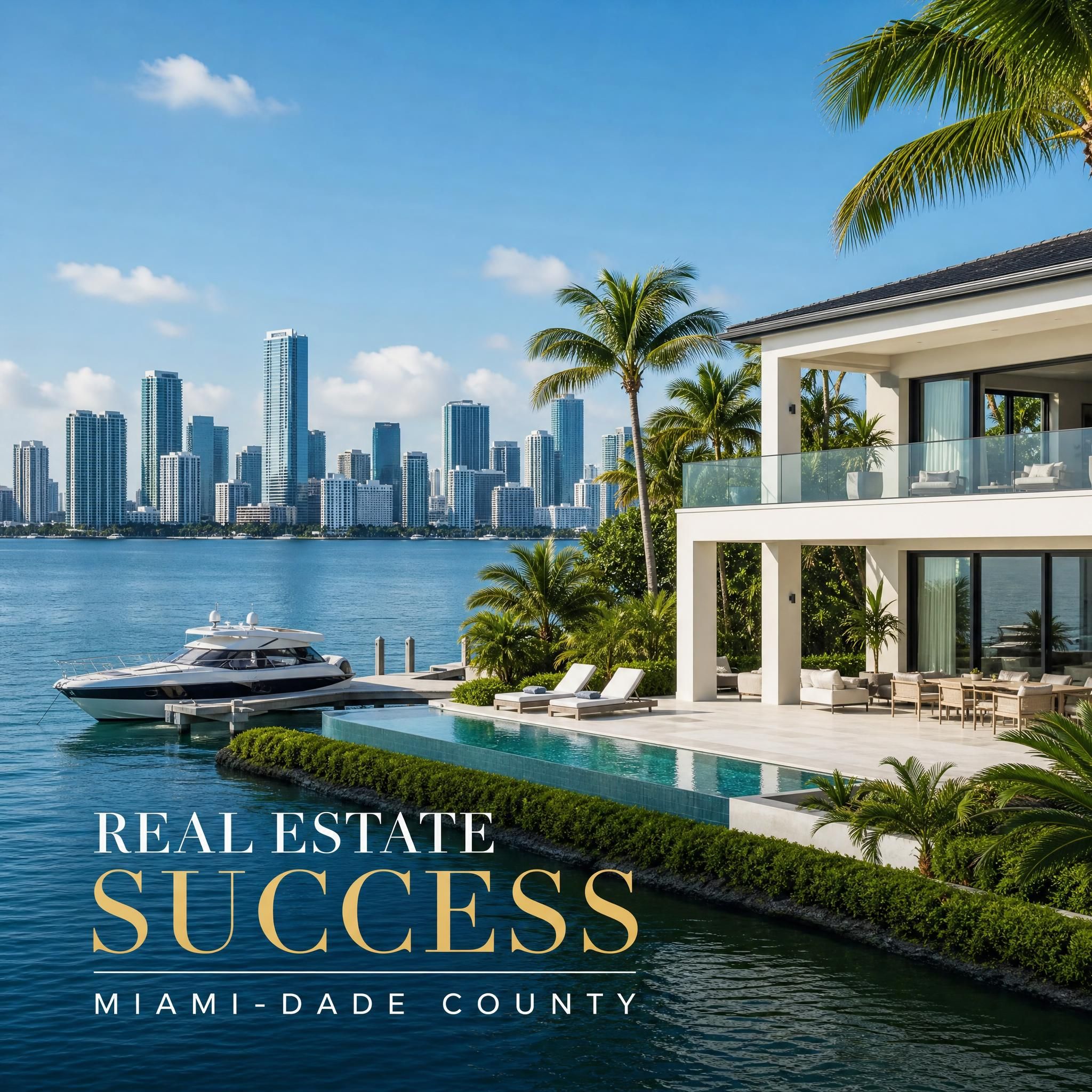 Stunning waterfront property in South Florida with Miami skyline in the background, representing luxury real estate success in Miami-Dade County