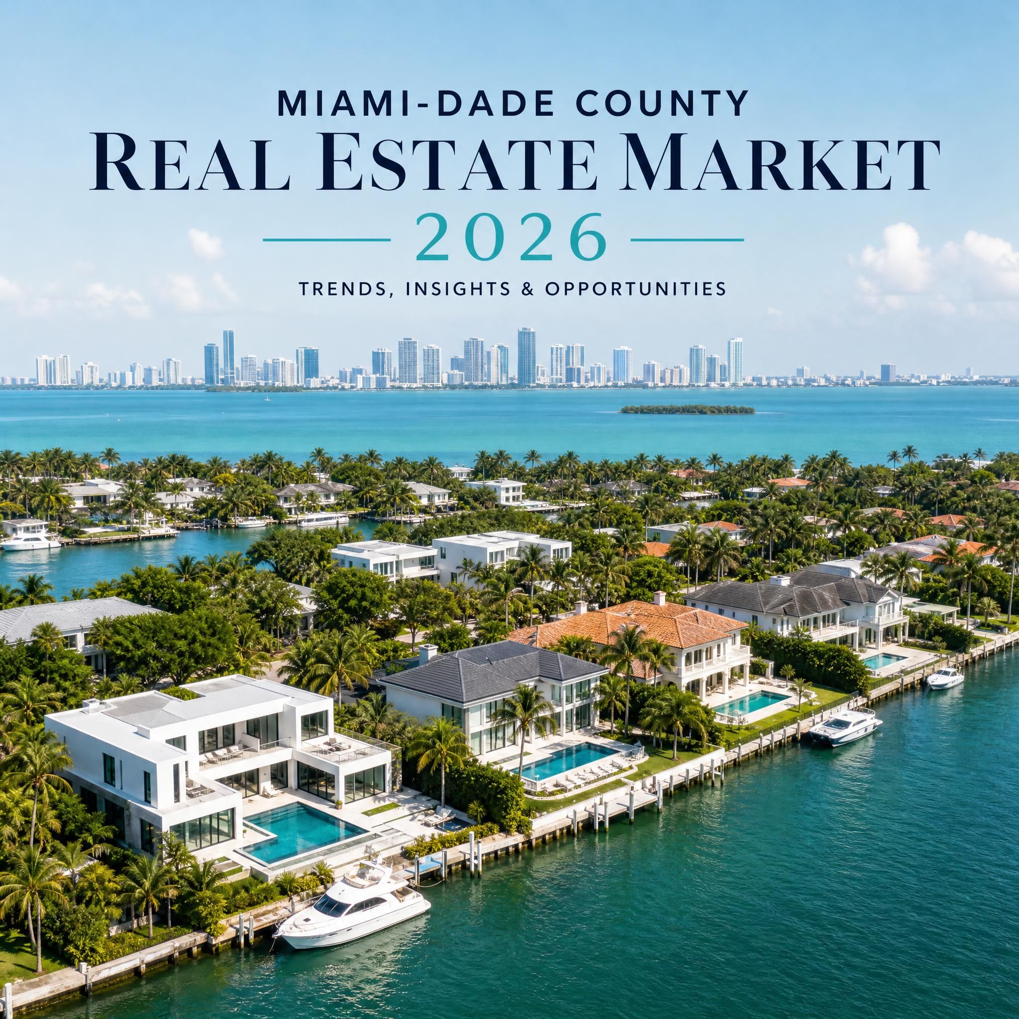Aerial view of luxury waterfront homes in Miami-Dade County with Biscayne Bay in the background, South Florida real estate market 2026