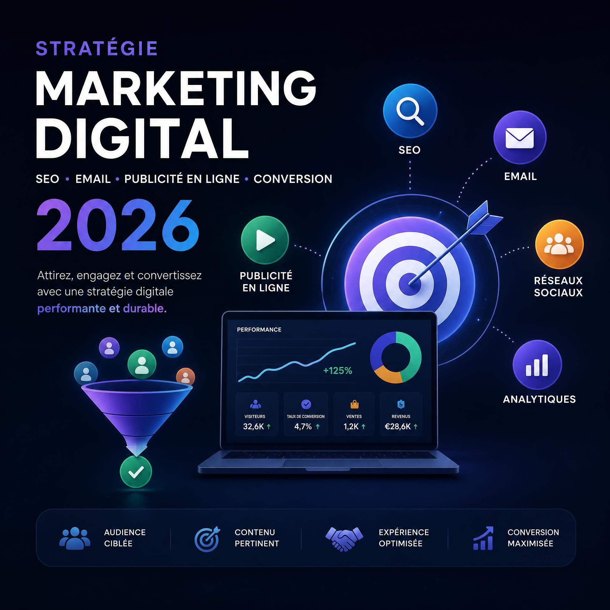 Stratégie marketing digital SEO email publicité en ligne conversion 2026 — illustration hero sur fond sombre avec icônes de canaux digitaux