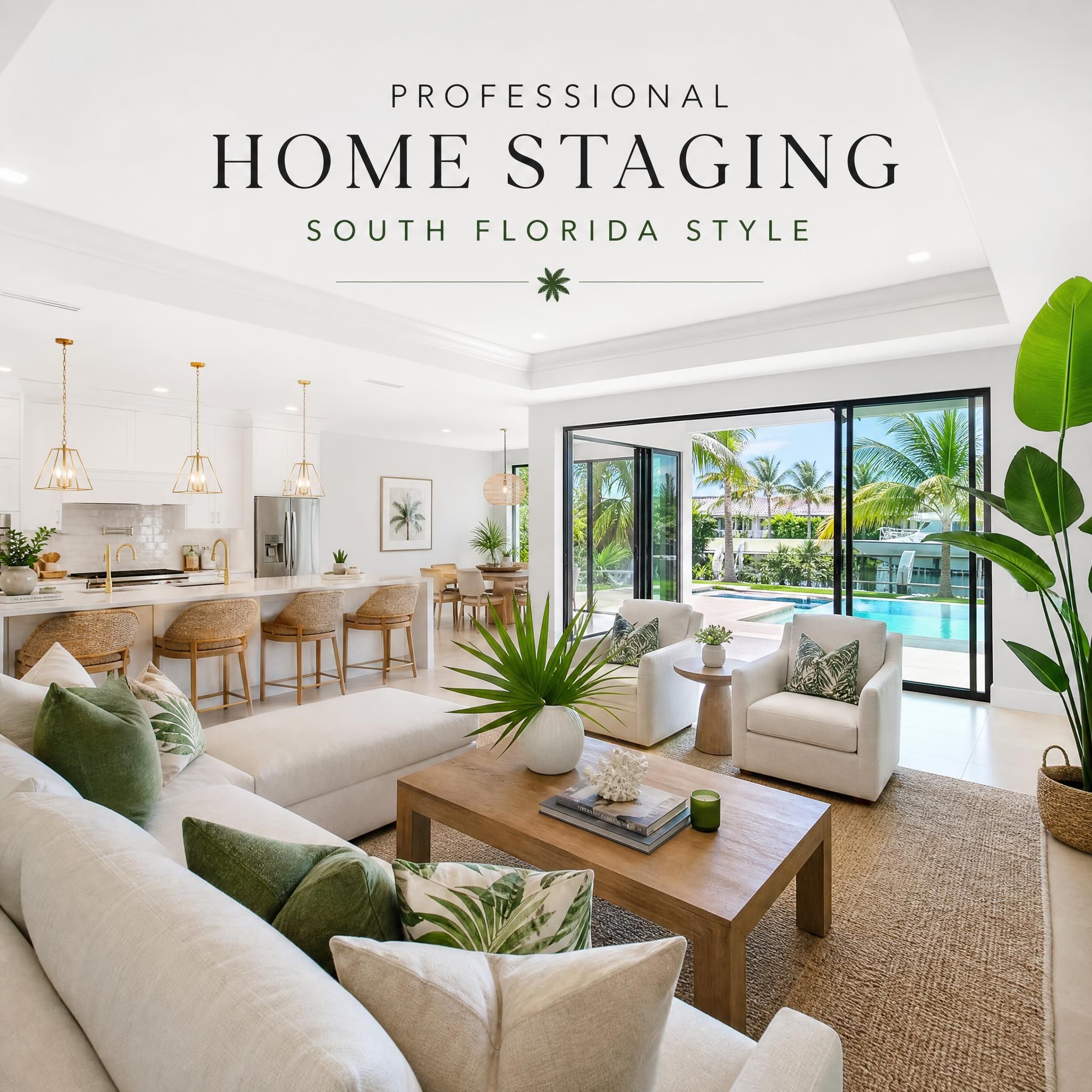 Professional home staging example in a South Florida single-family home, showing modern interior design with tropical touches and bright open living space