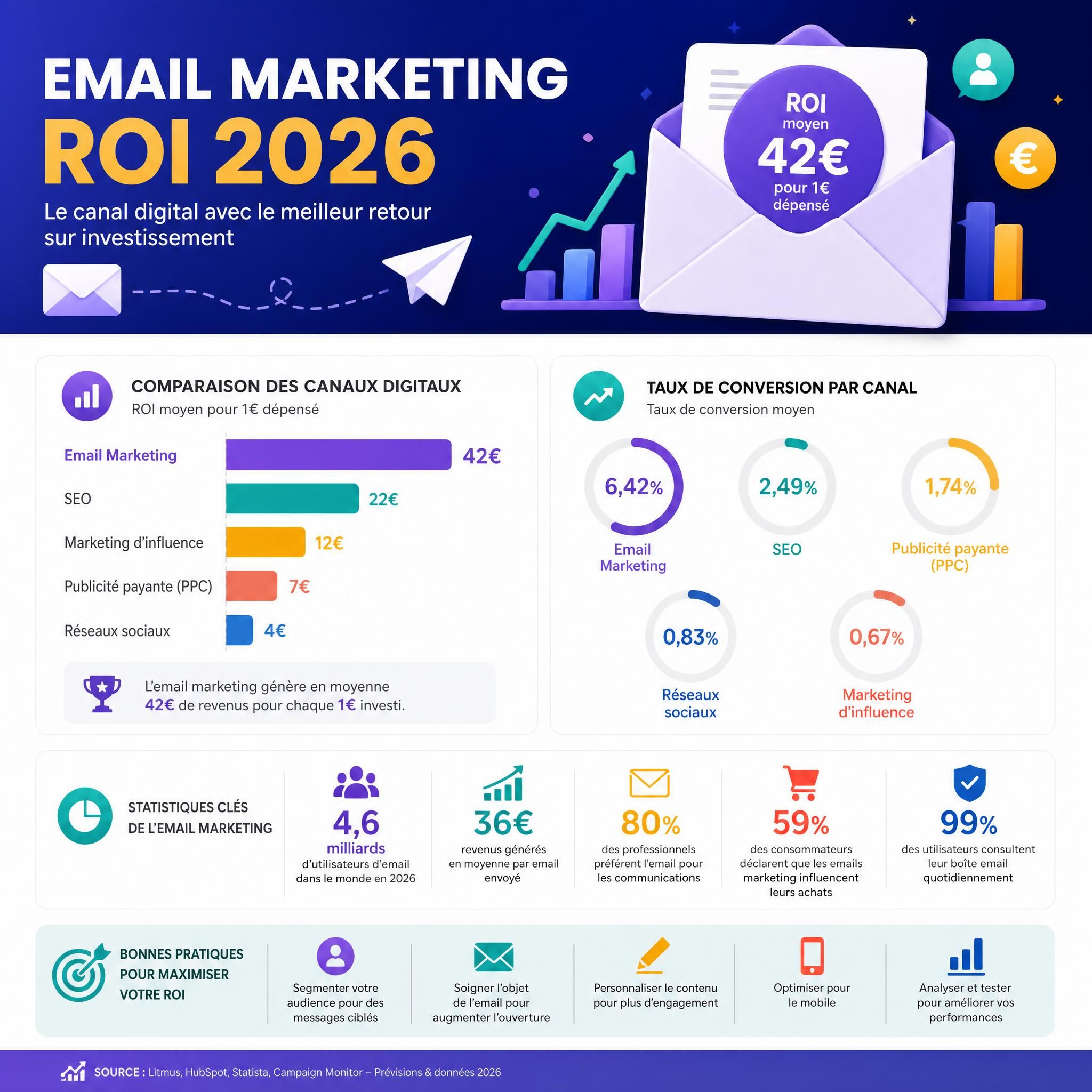 Infographie email marketing ROI 2026 — comparaison des canaux digitaux, taux de conversion et statistiques clés sur fond coloré