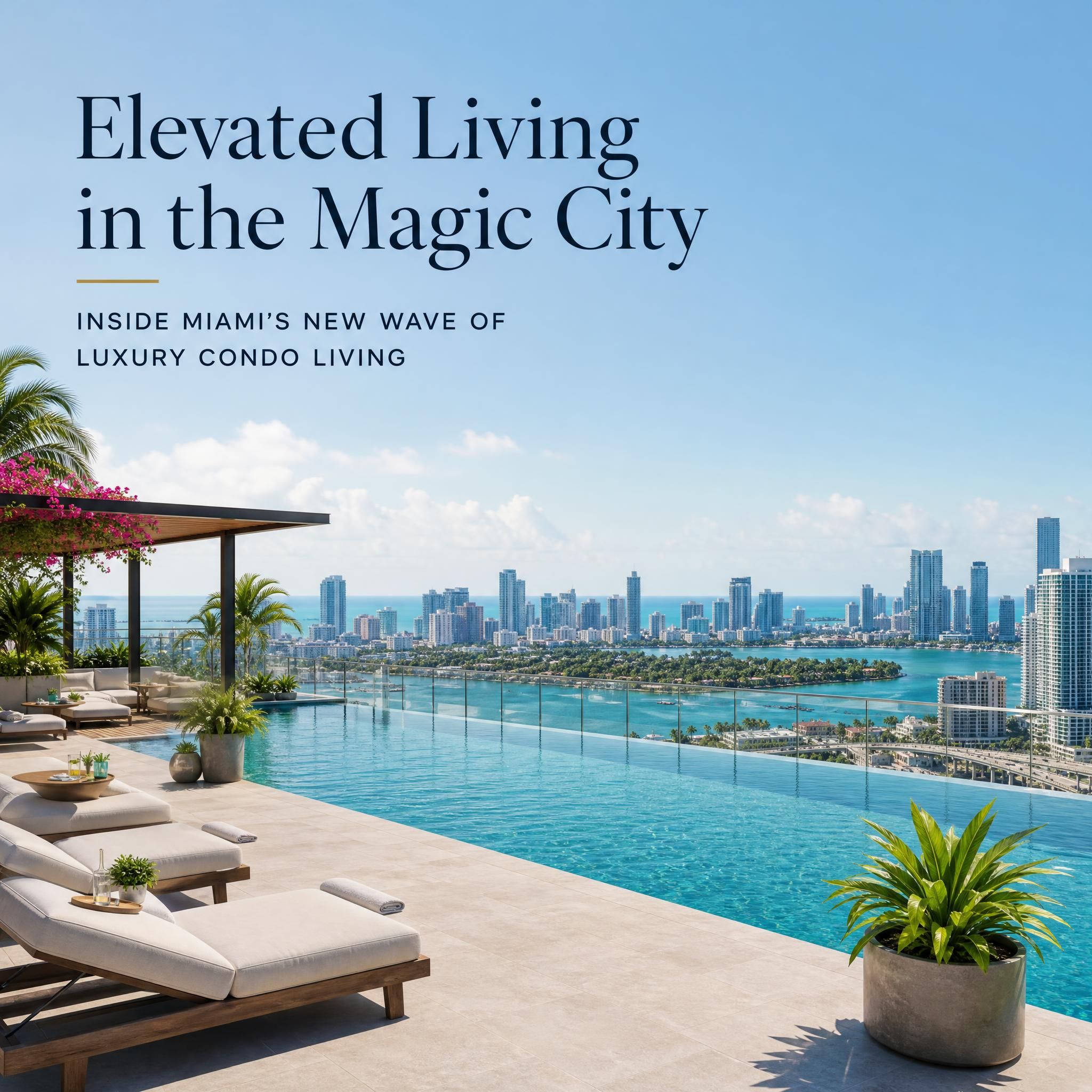 Luxury rooftop pool with panoramic Miami skyline and ocean views, showcasing resort-style amenities at a new construction condo development