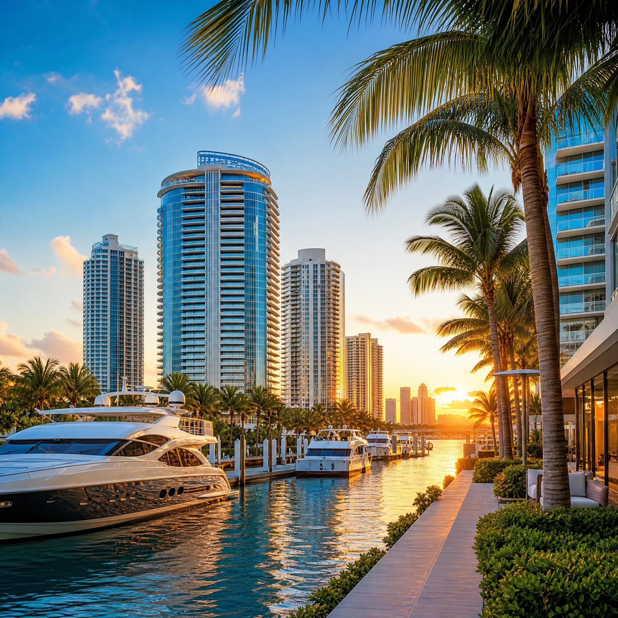 Miami Beach luxury waterfront lifestyle scene with yacht marina, palm trees, and oceanfront luxury residential towers at golden hour