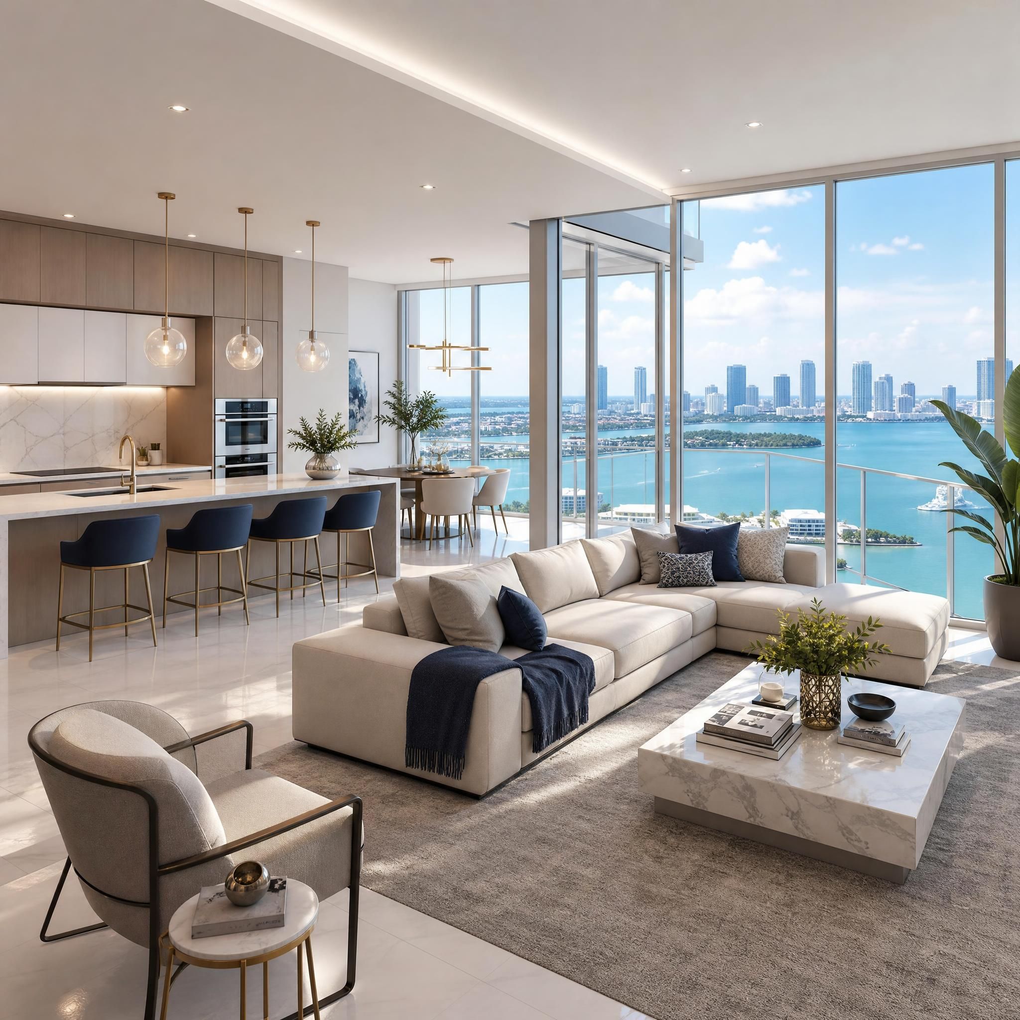 Luxury condo interior with floor-to-ceiling windows overlooking Miami's Biscayne Bay, featuring open-concept living space with premium finishes
